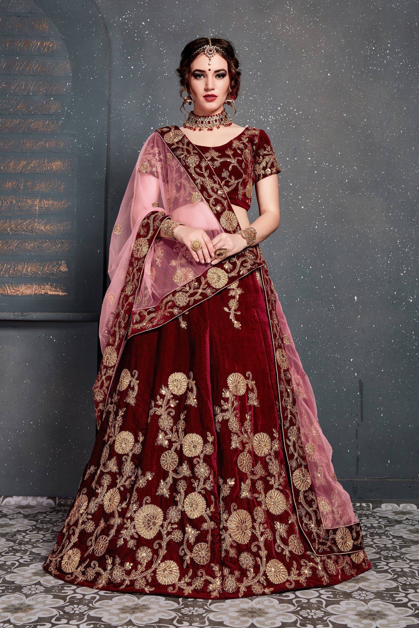 Maroon Lehenga Choli With Dori, Zari And Sequins Embroidery Work