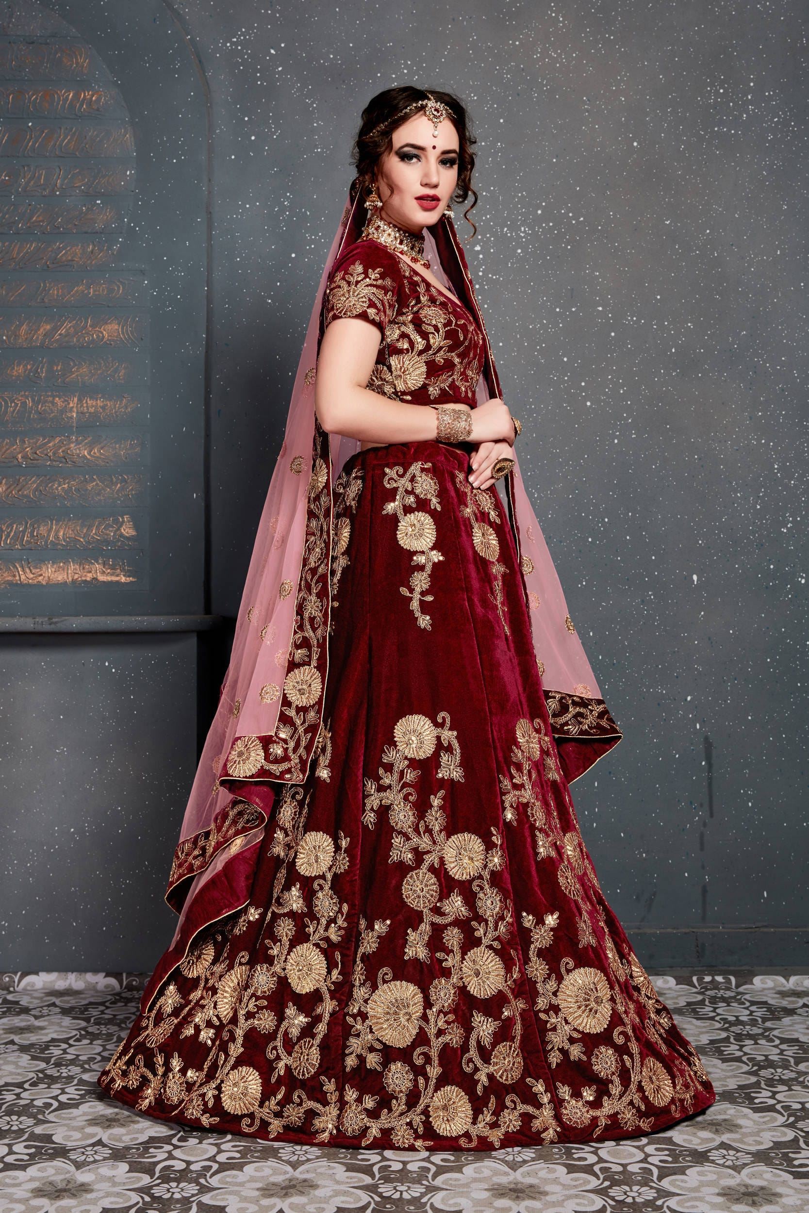 Maroon Lehenga Choli With Dori, Zari And Sequins Embroidery Work