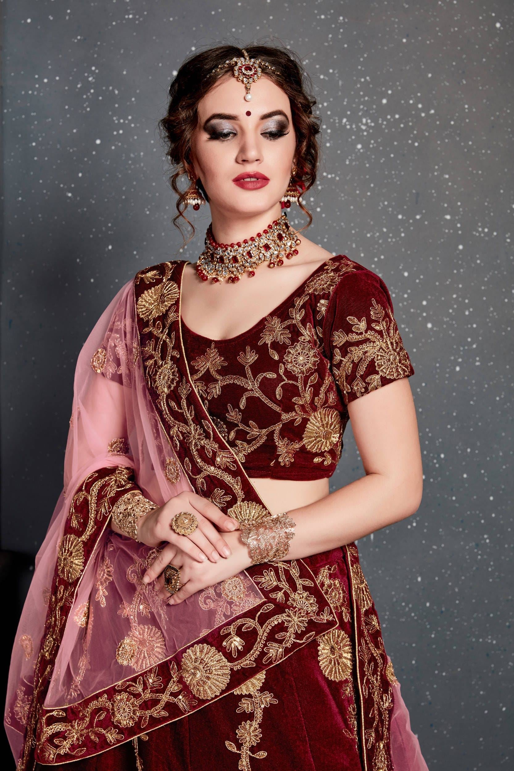 Maroon Lehenga Choli With Dori, Zari And Sequins Embroidery Work