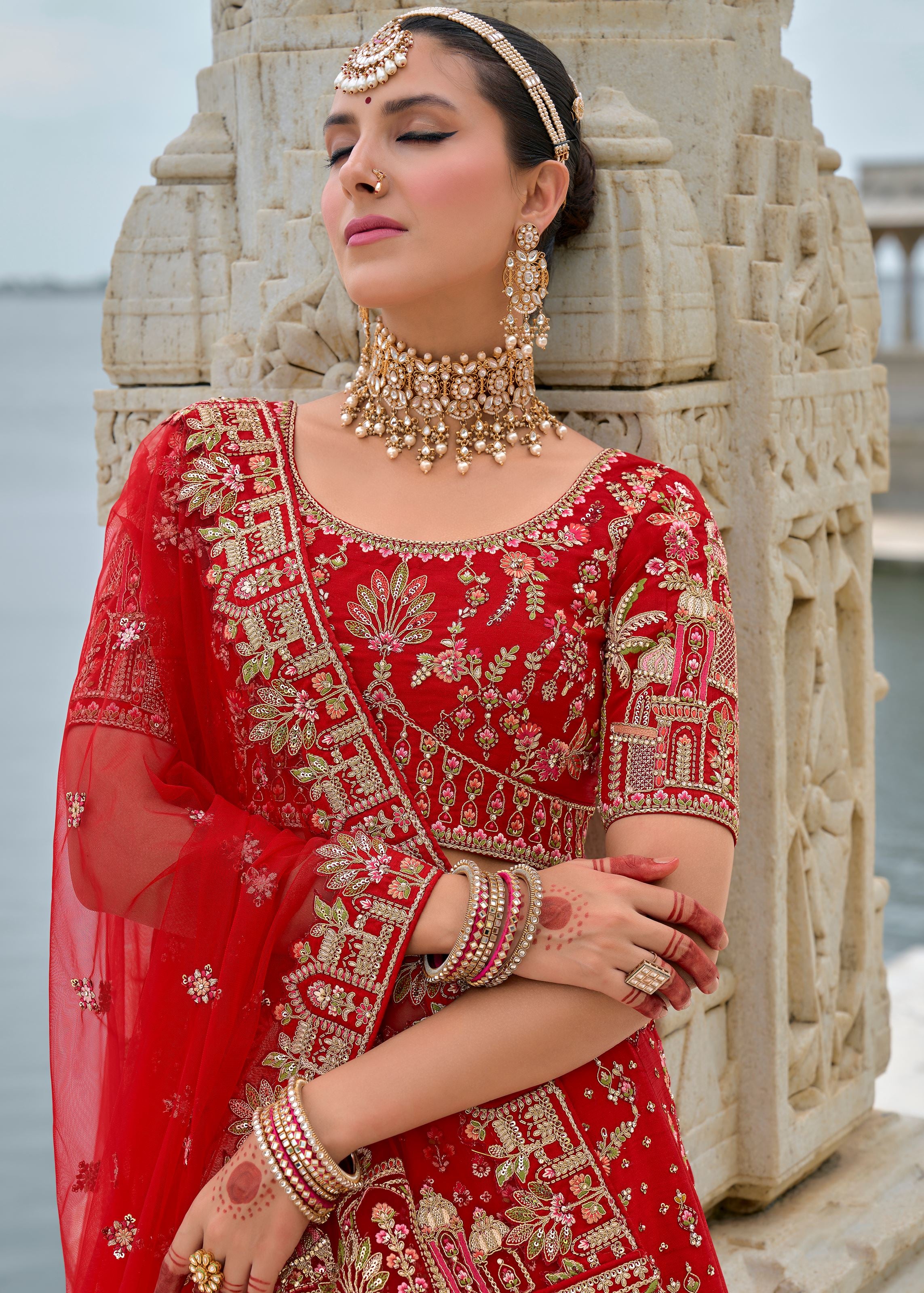 Maroon Lehenga Choli With Heavy Thread Embroidery, Zari With Sequins Work