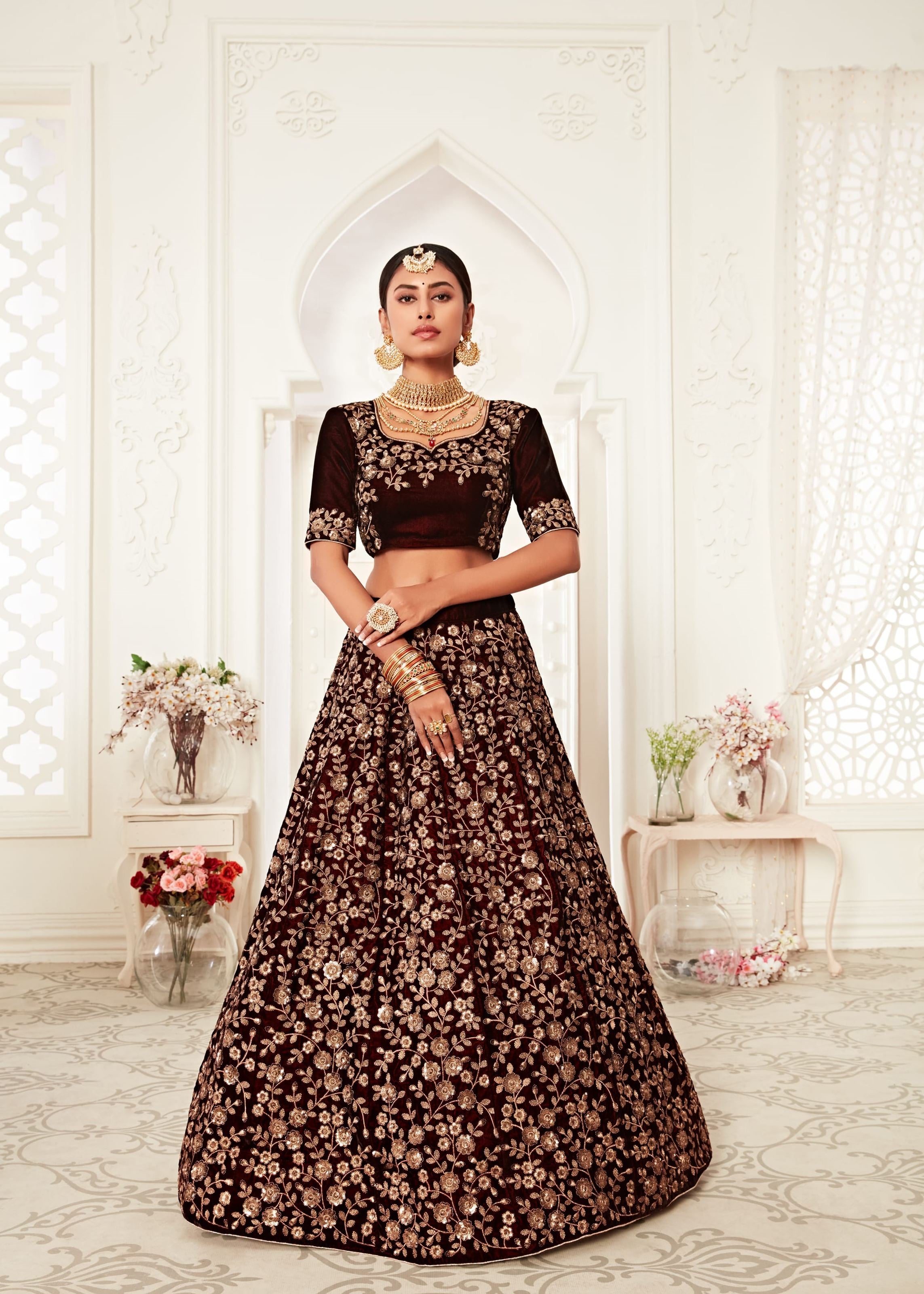 Maroon Lehenga Choli With Thread, Zari And Sequins Embroidery Work