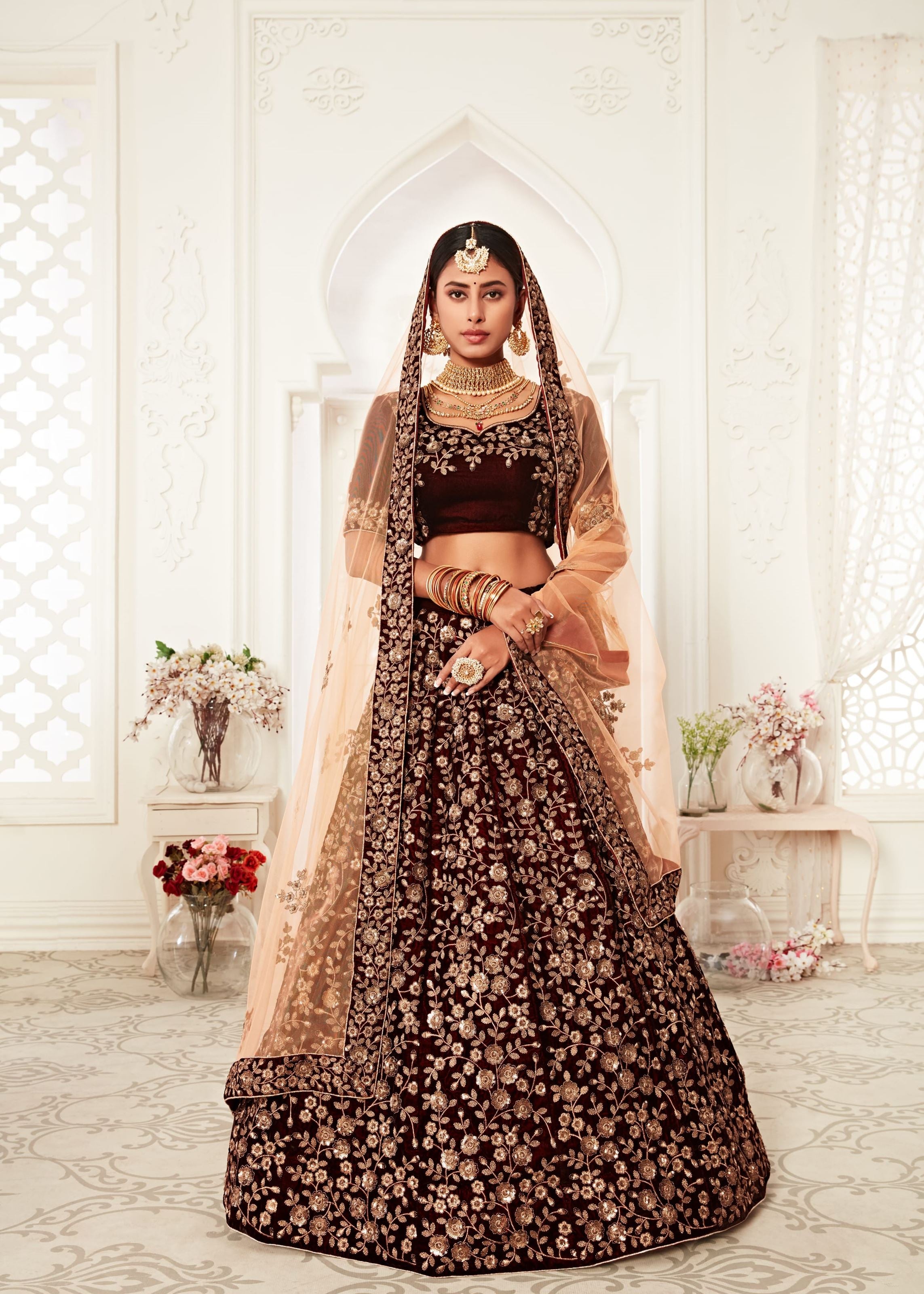 Maroon Lehenga Choli With Thread, Zari And Sequins Embroidery Work