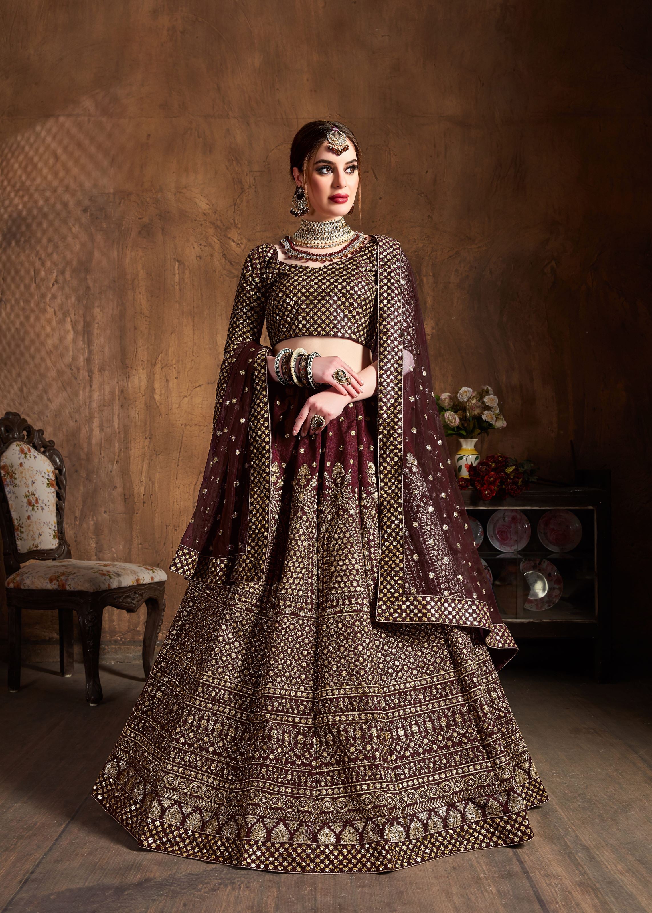 Maroon Lehenga Choli With Zari And Glitter Sequins Embroidery