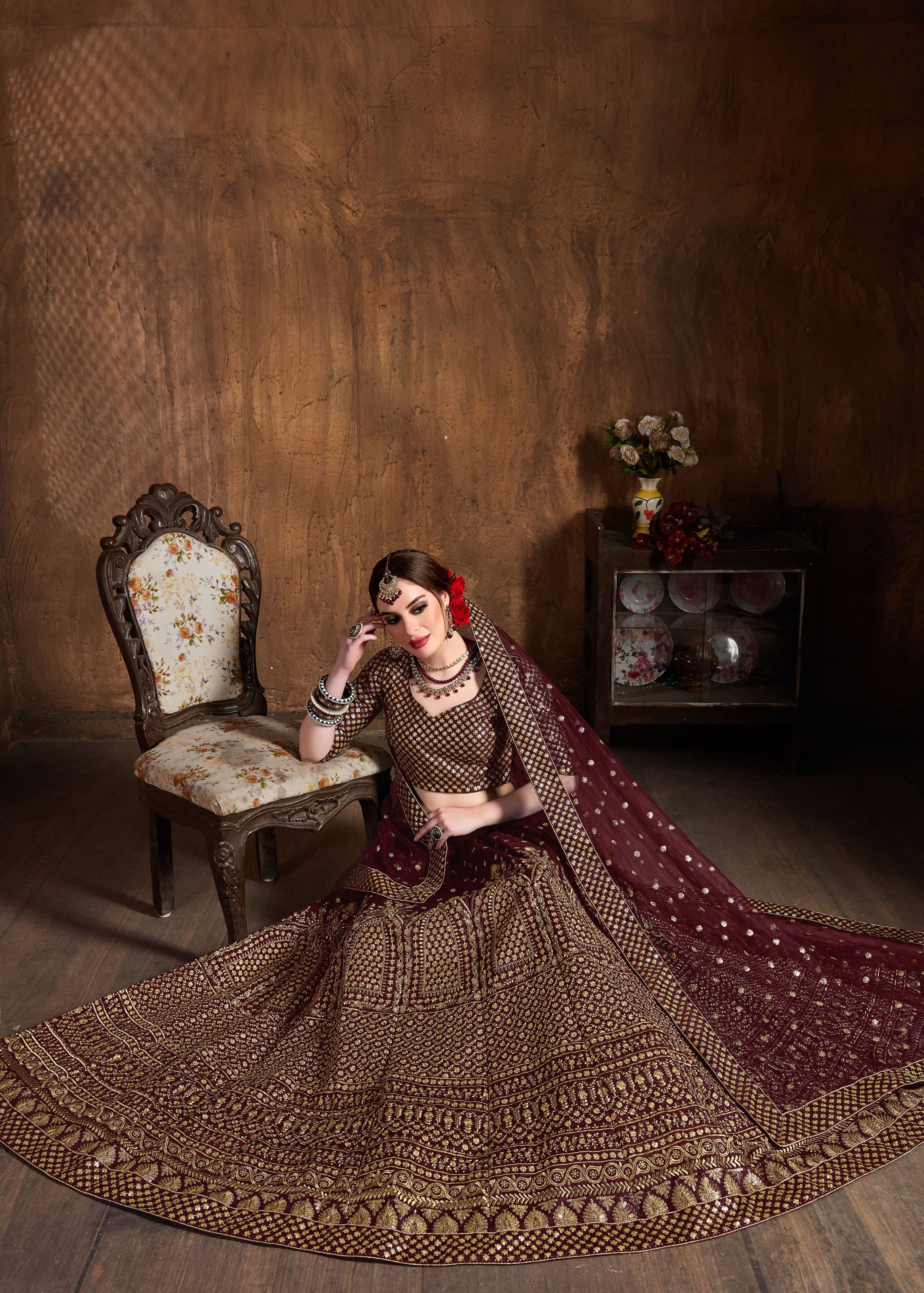 Maroon Lehenga Choli With Zari And Glitter Sequins Embroidery