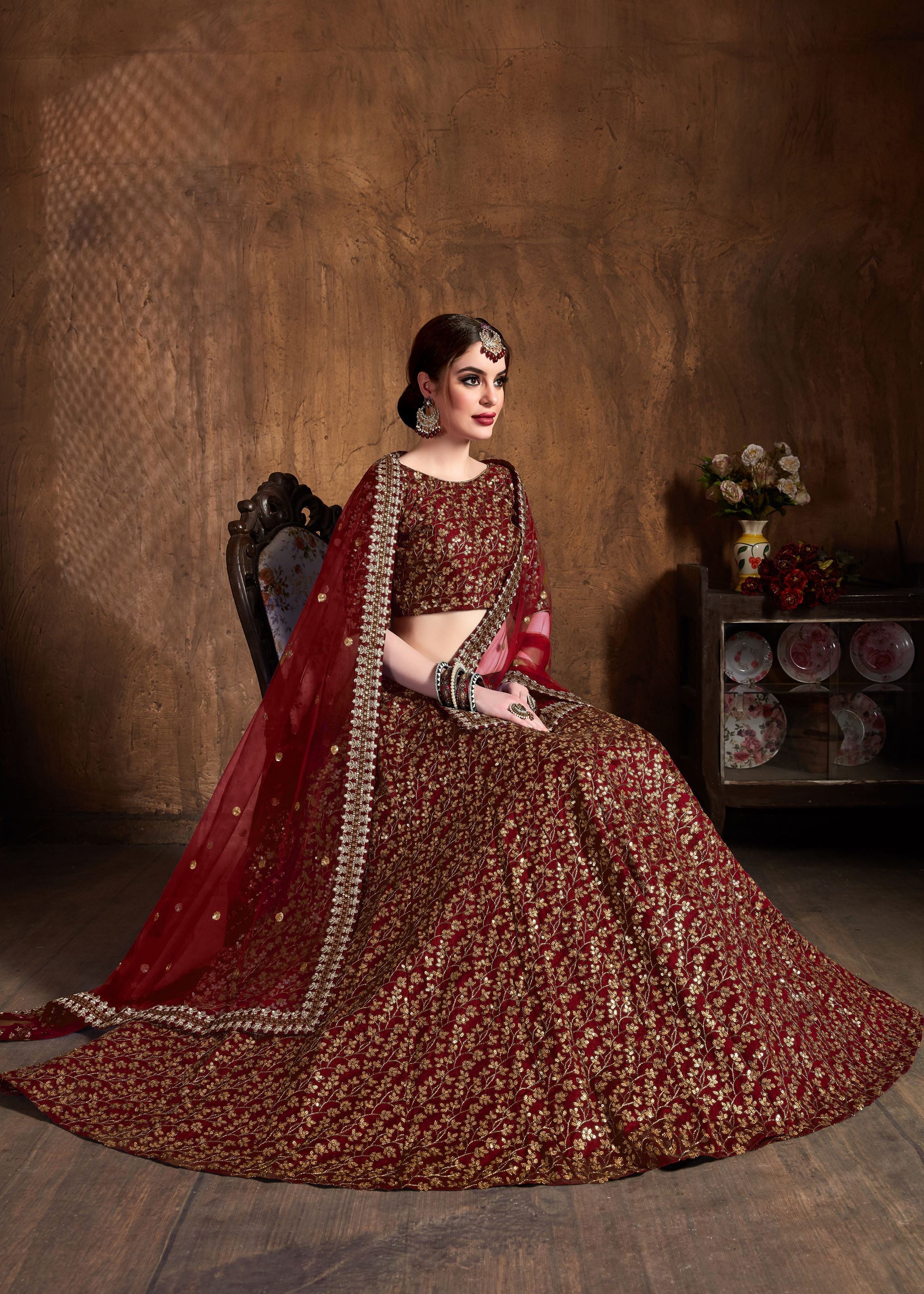 Maroon Lehenga Choli With Zari And Sequins Heavy Embroidery Work