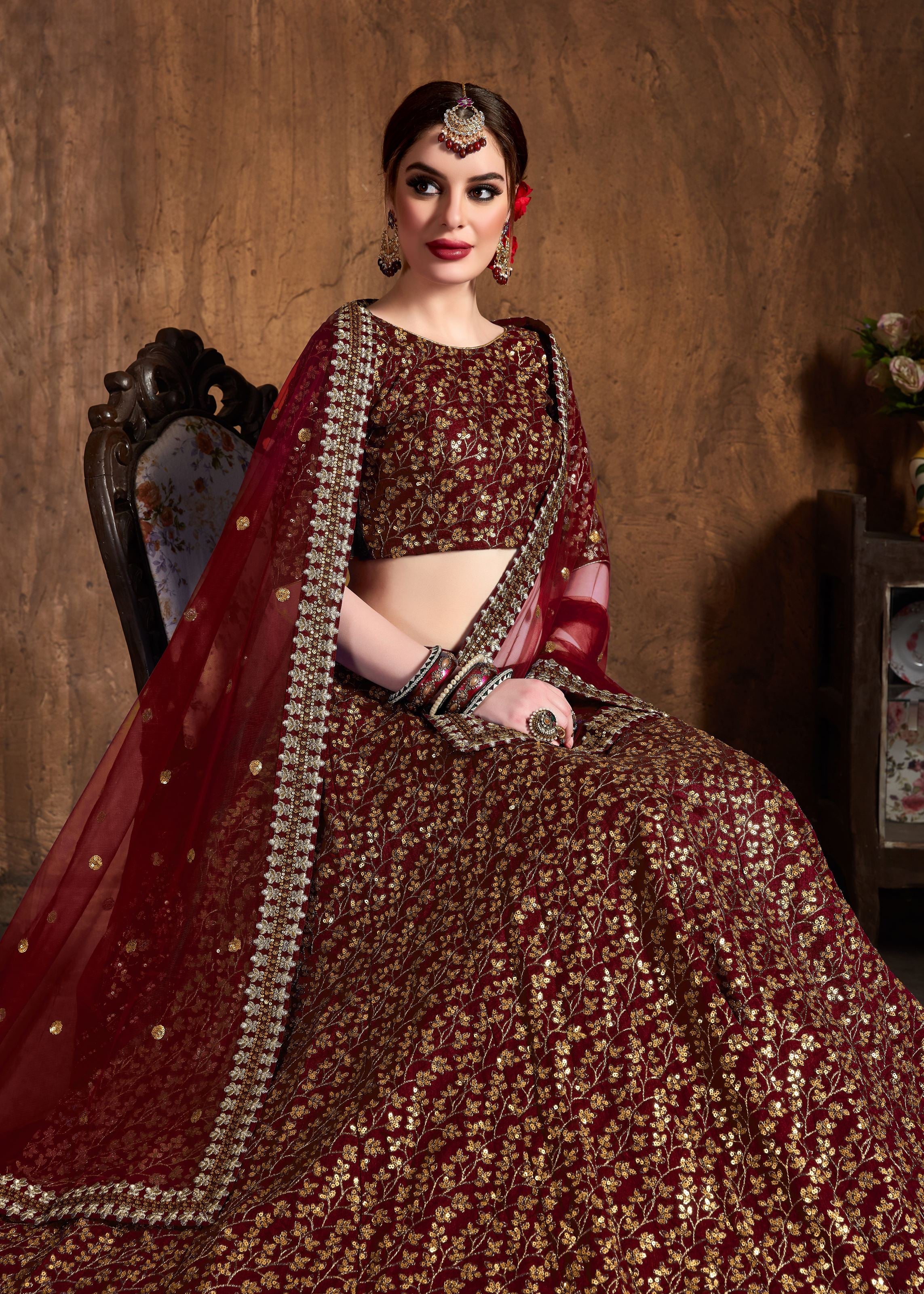 Maroon Lehenga Choli With Zari And Sequins Heavy Embroidery Work