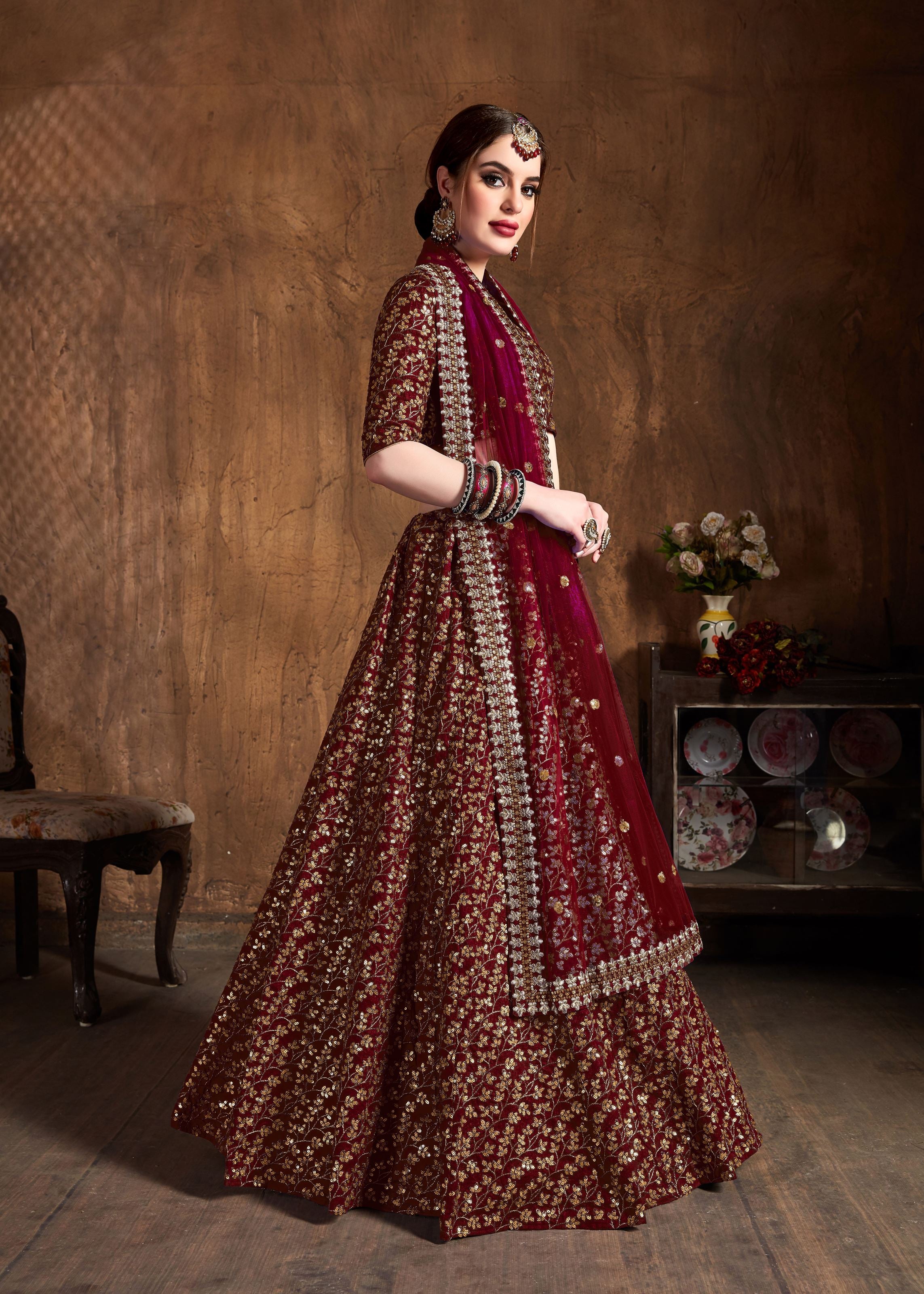 Maroon Lehenga Choli With Zari And Sequins Heavy Embroidery Work