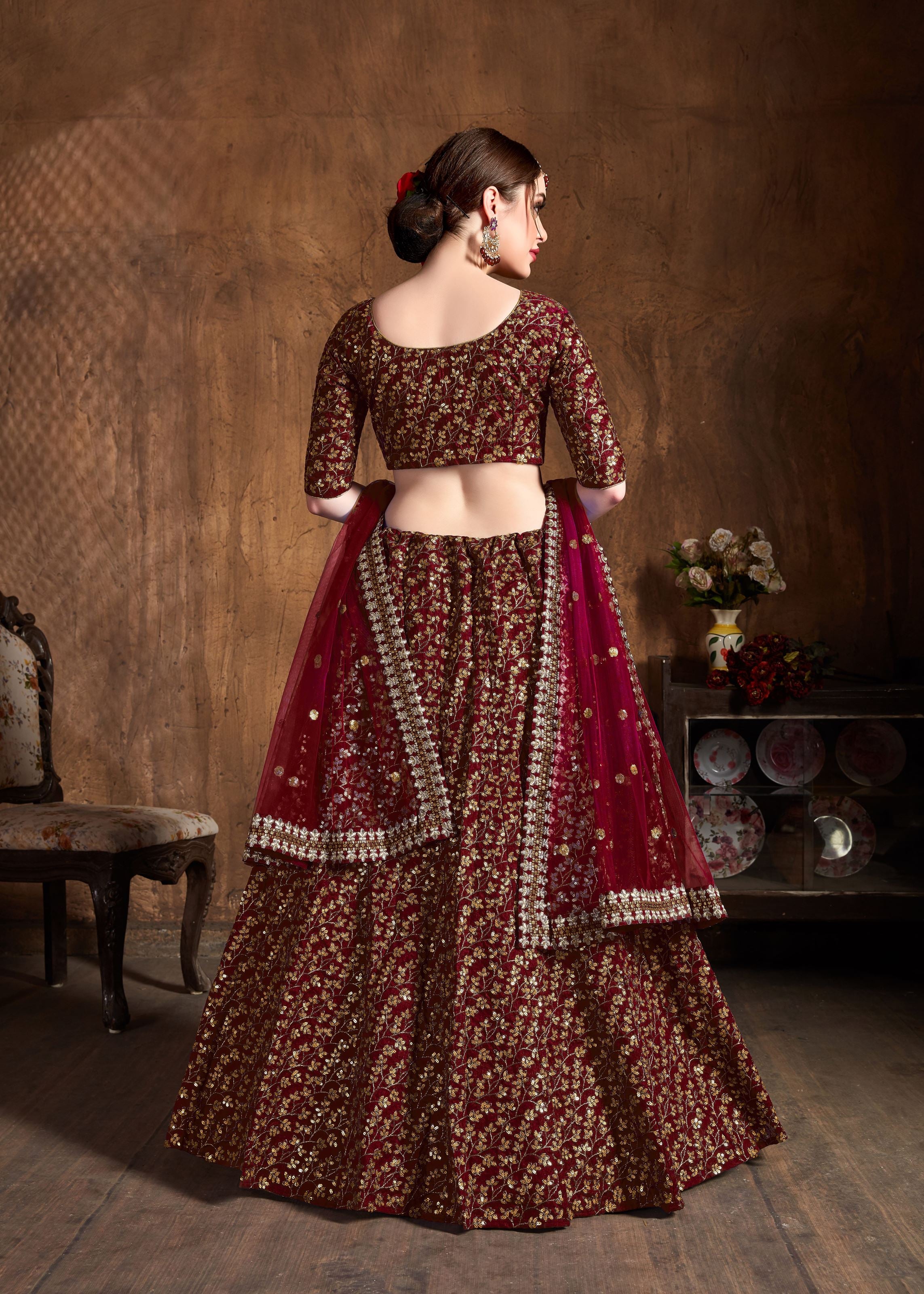 Maroon Lehenga Choli With Zari And Sequins Heavy Embroidery Work