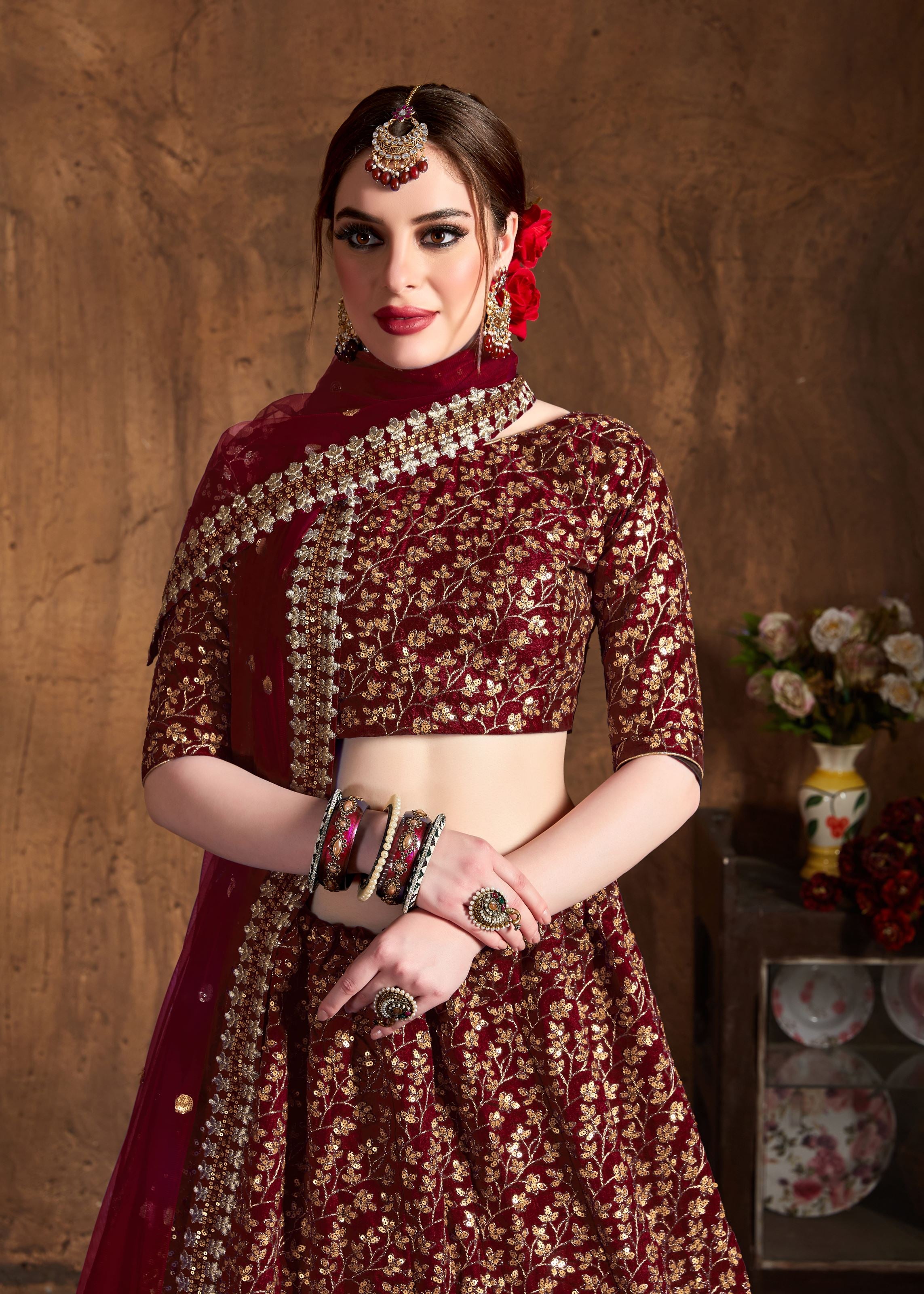 Maroon Lehenga Choli With Zari And Sequins Heavy Embroidery Work