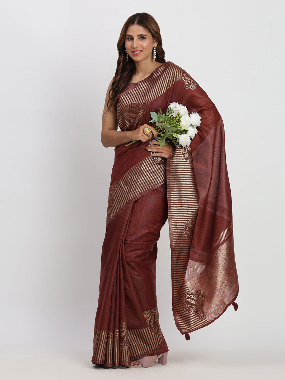 Maroon Linen Cotton Woven Galla Designer Traditional Partywear Saree