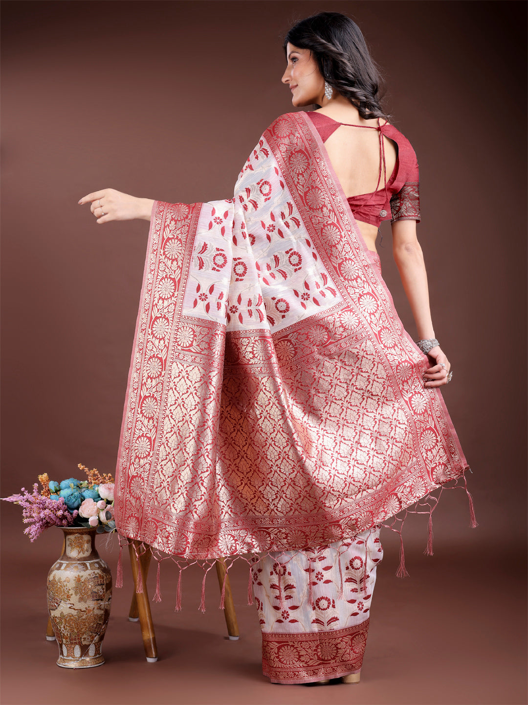 Maroon Linen Cotton Woven Jacquard Designer Beautiful Festive Saree