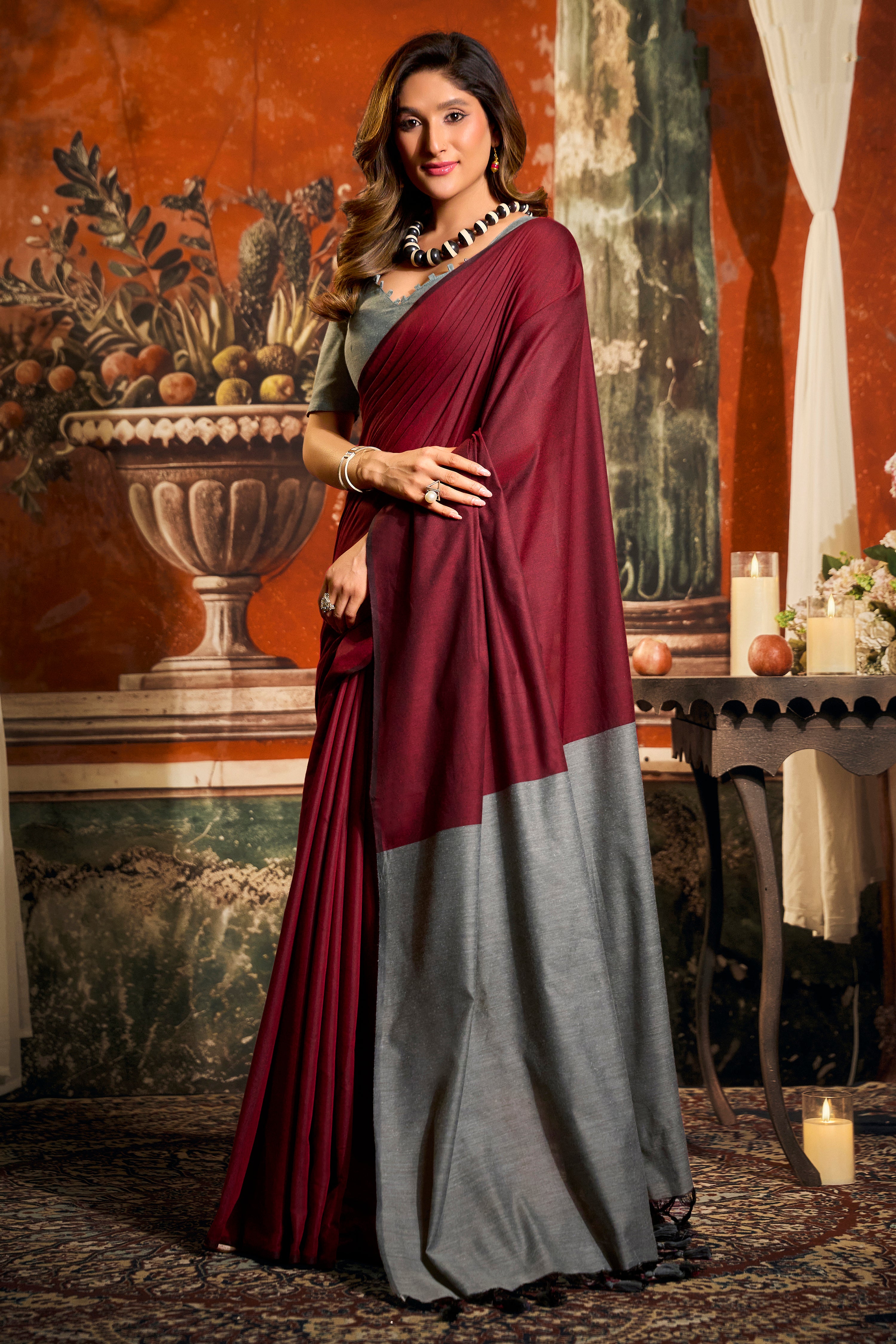 Maroon Mal Cotton Saree with Elegant Contrast Pallu Styling