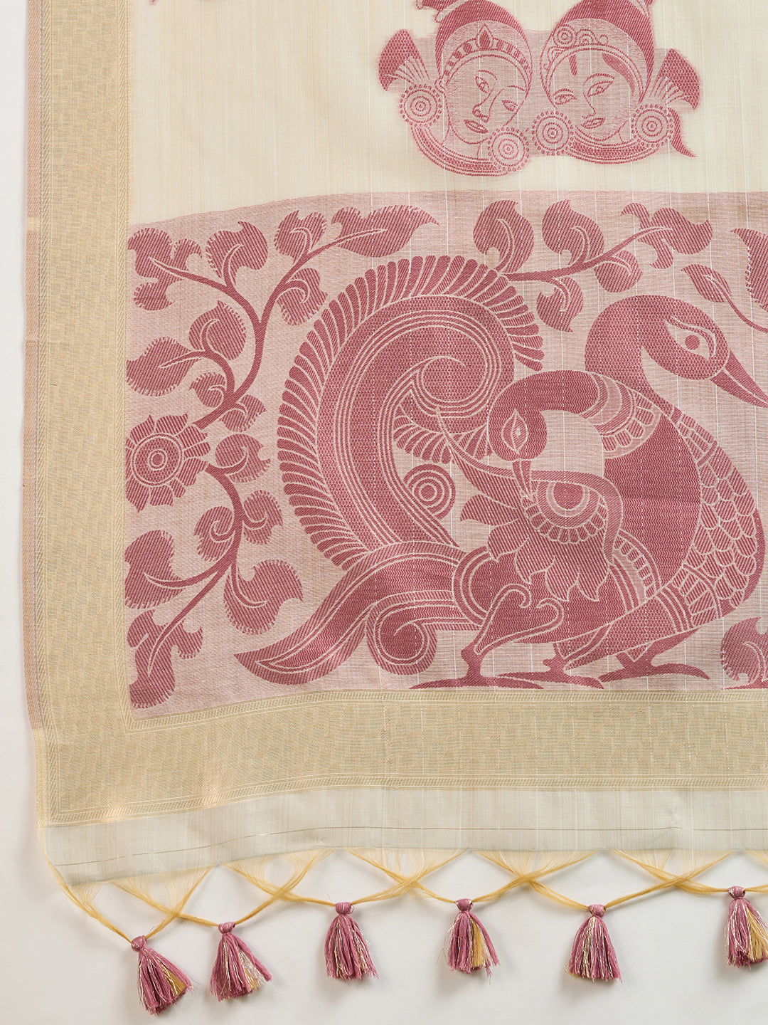 Maroon Muga Cotton Saree with Self Checks and Kalamkari Border