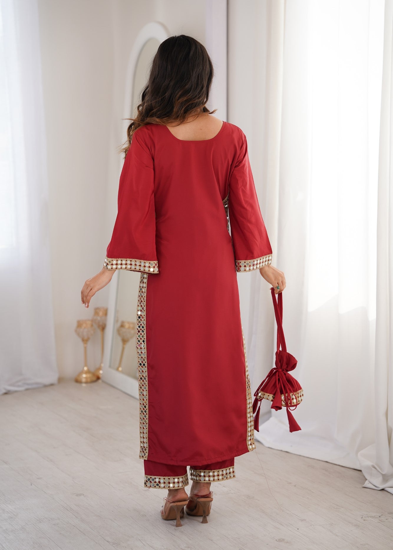 Maroon Natural Crepe Designer Suit Set With Mirror Lace Accents