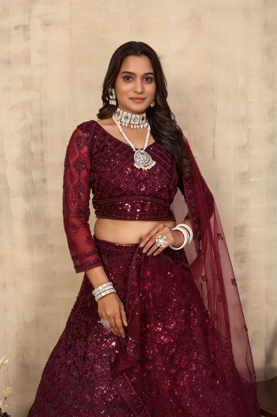 Maroon Net Lehenga Choli With Embroidery Work