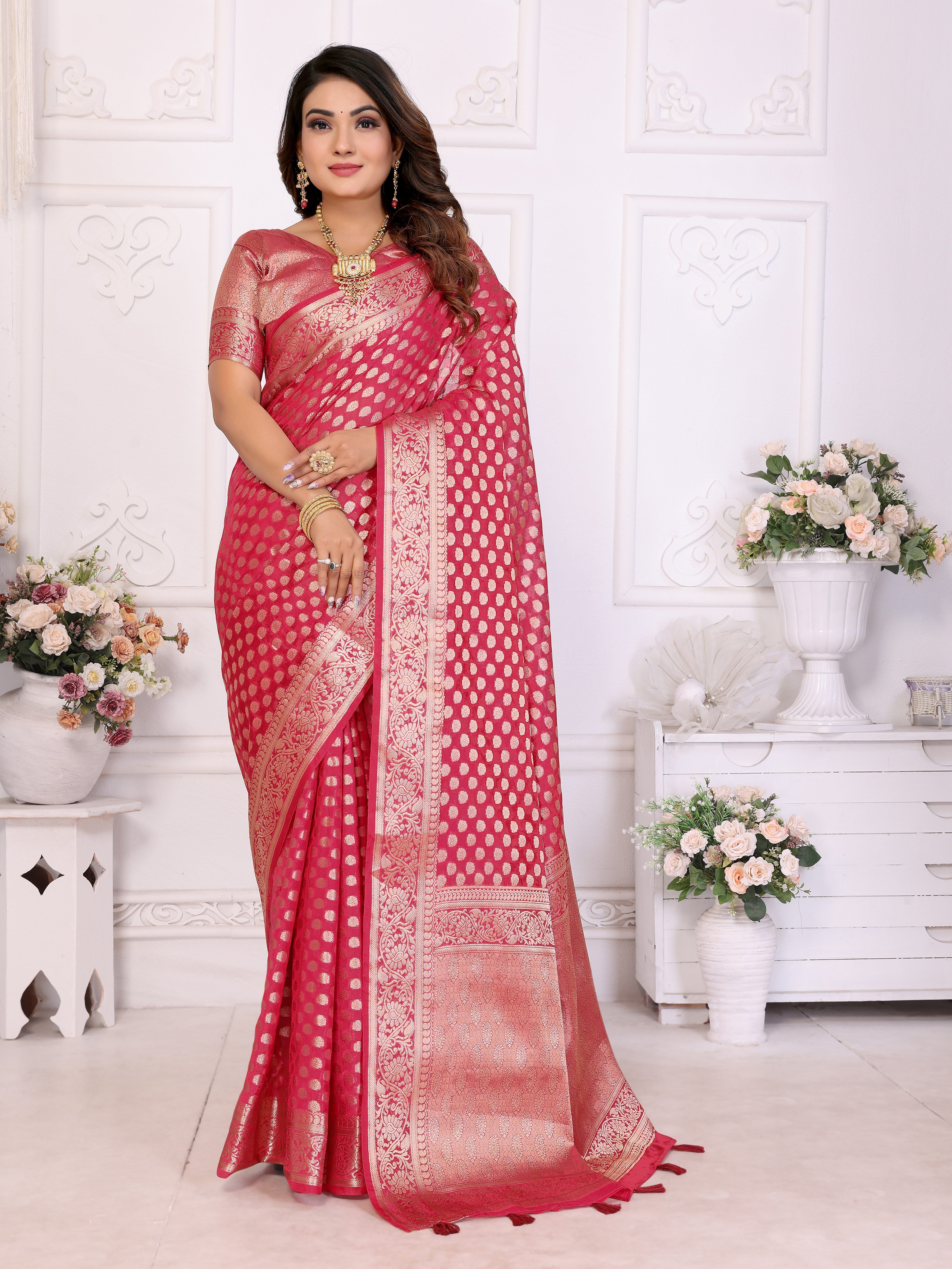 Maroon Organza Gold Zari Designer Ceremonial Saree