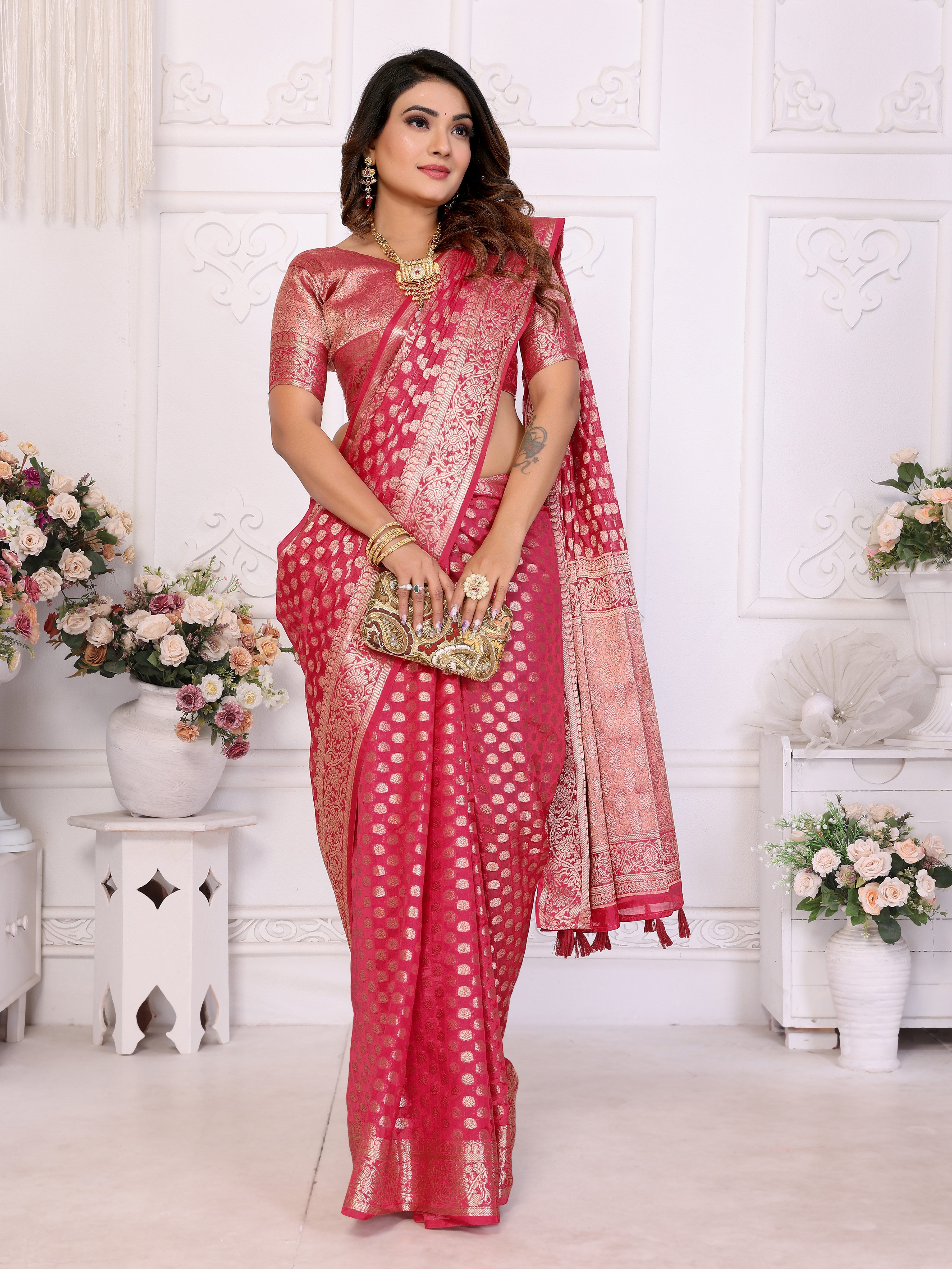 Maroon Organza Gold Zari Designer Ceremonial Saree