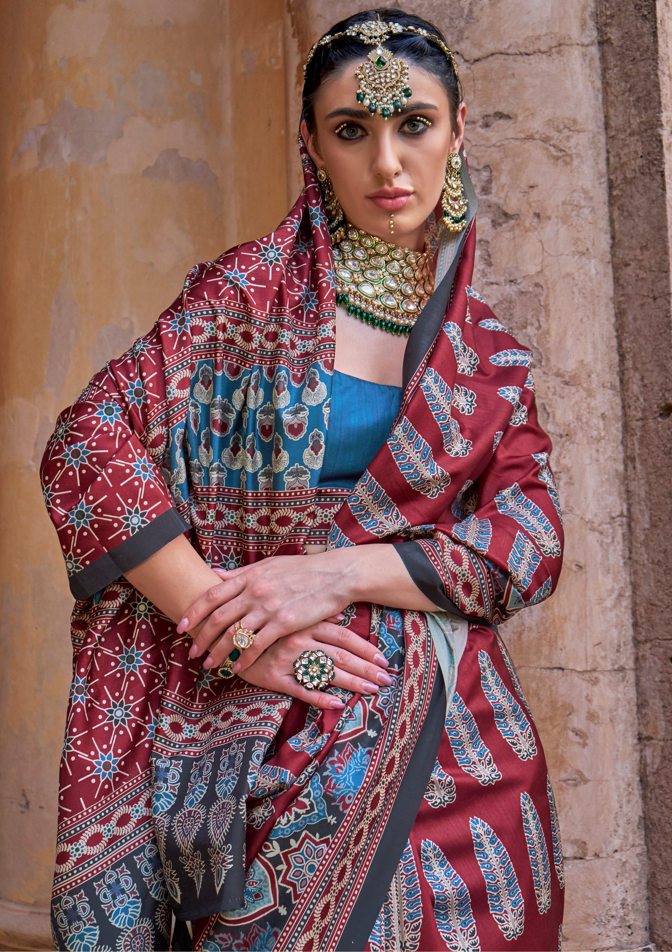 Maroon PV Silk Saree with Ajrakh Print and Croma Finish