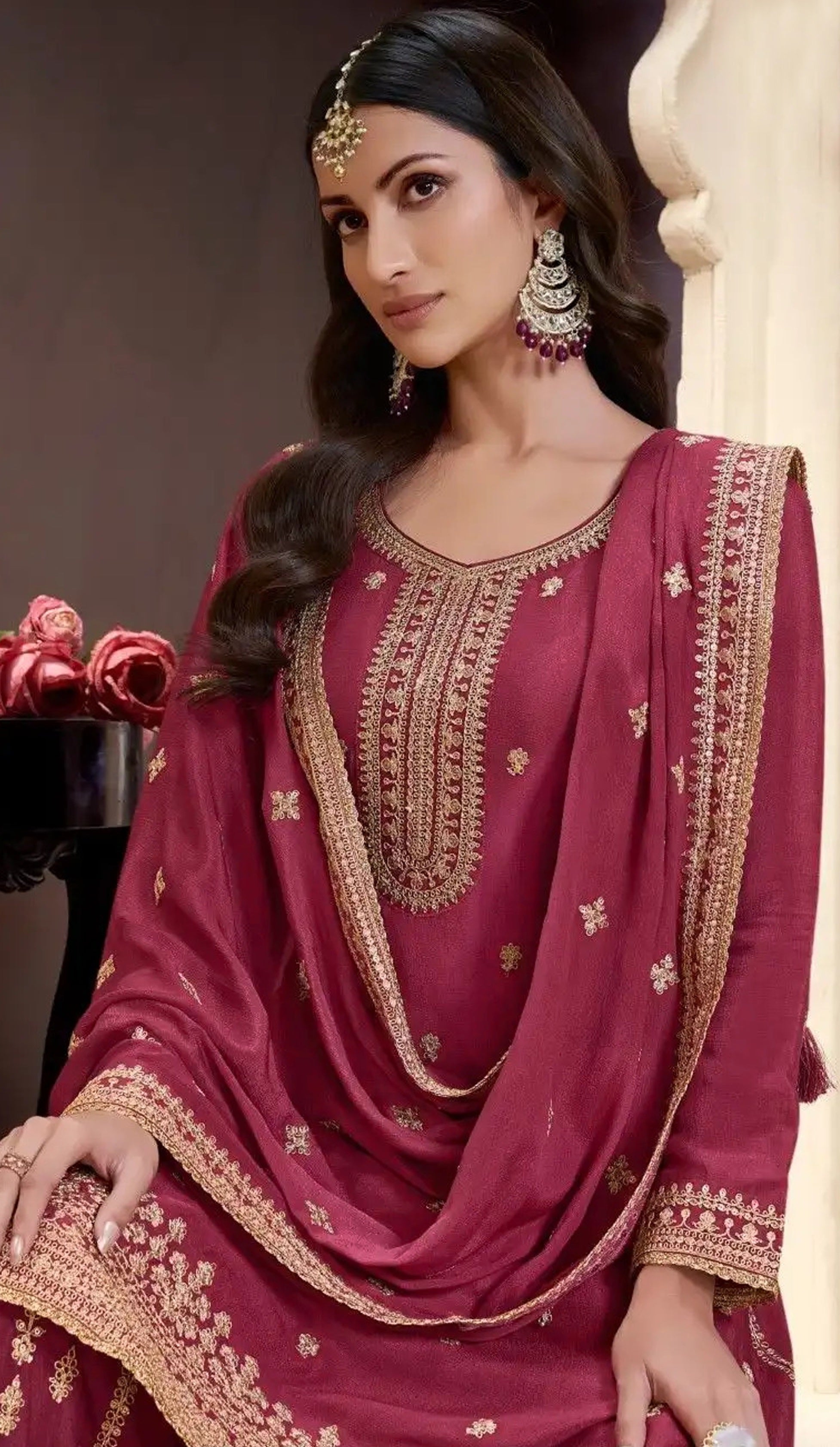 Maroon Palazo Suit With Heavy Embroidery Work
