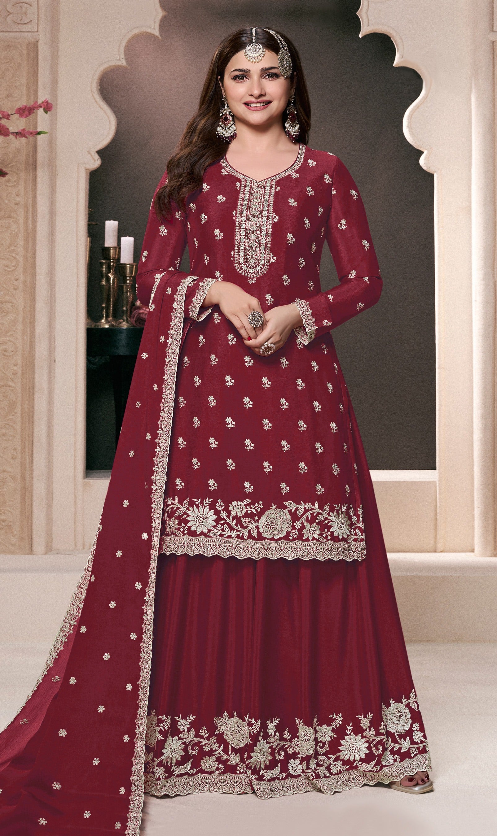 Maroon Palazzo Style Salwar Suit With Heavy Embroidery Work