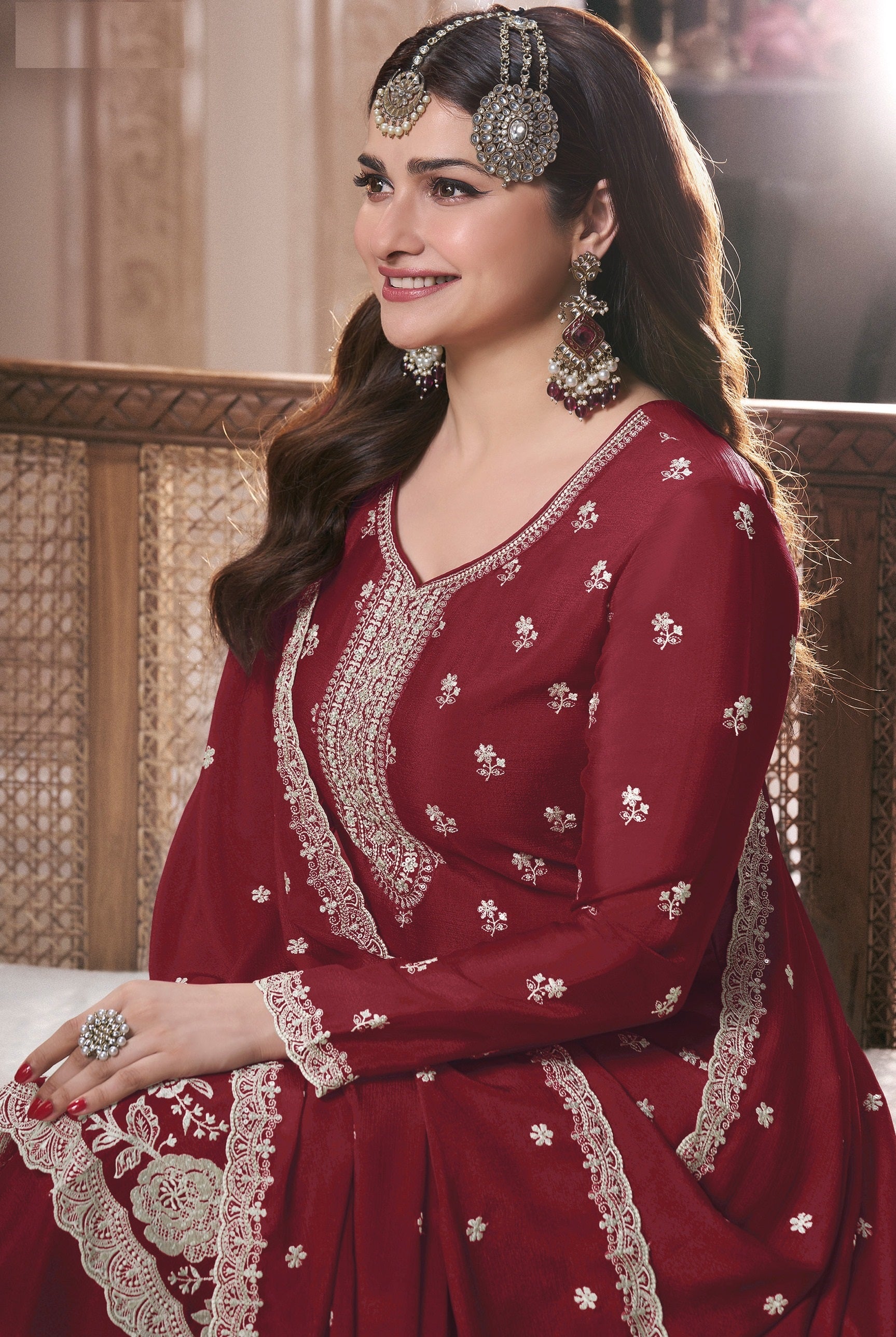 Maroon Palazzo Style Salwar Suit With Heavy Embroidery Work