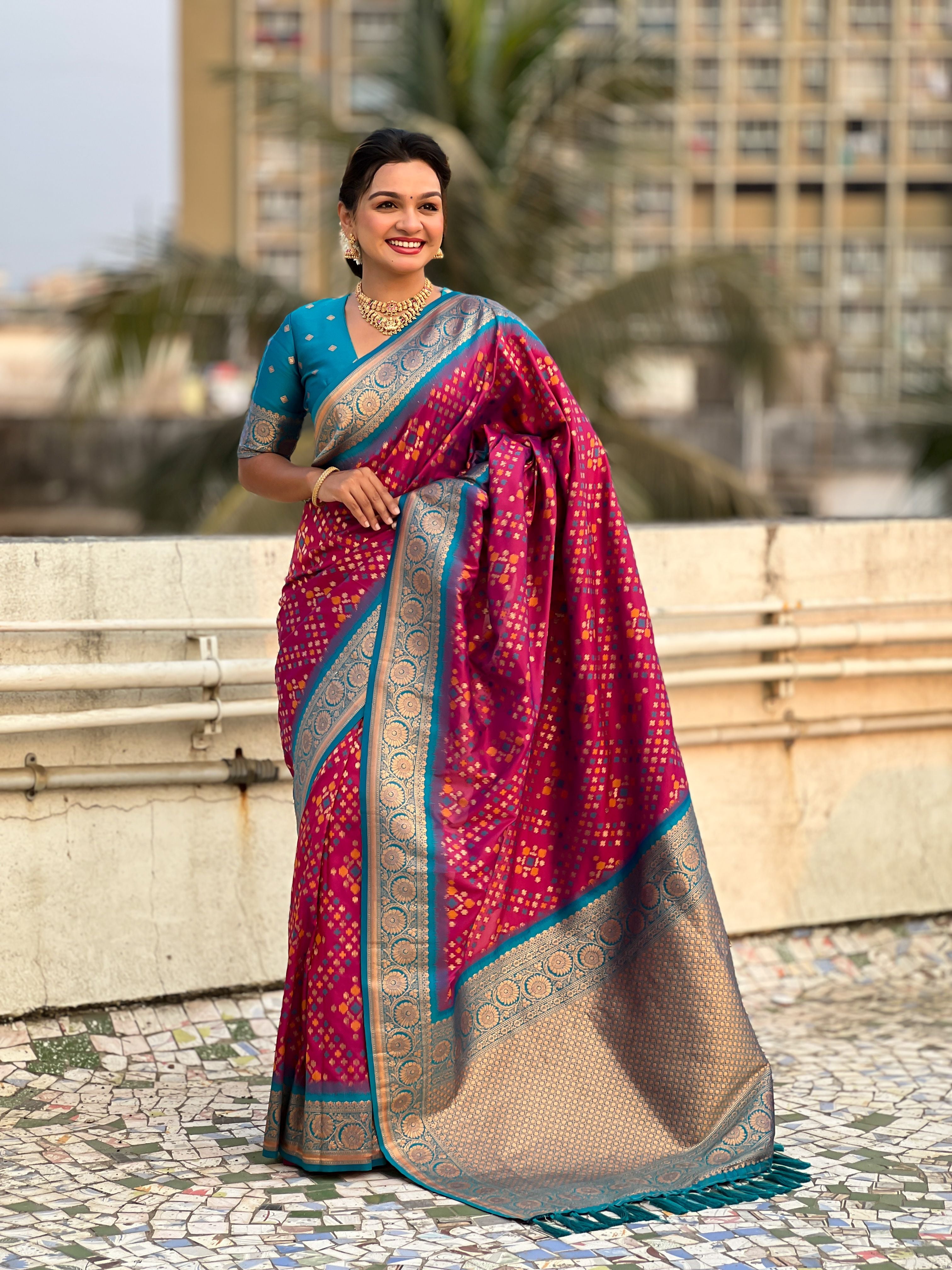 Maroon Patola Silk Weaving Ikkat Meenakari Designer Graceful Ceremonial Saree