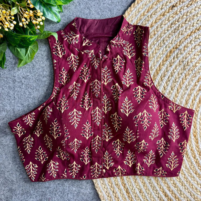 Maroon Pure Cotton Ajrakh Print High Neck Saree Blouse for Women