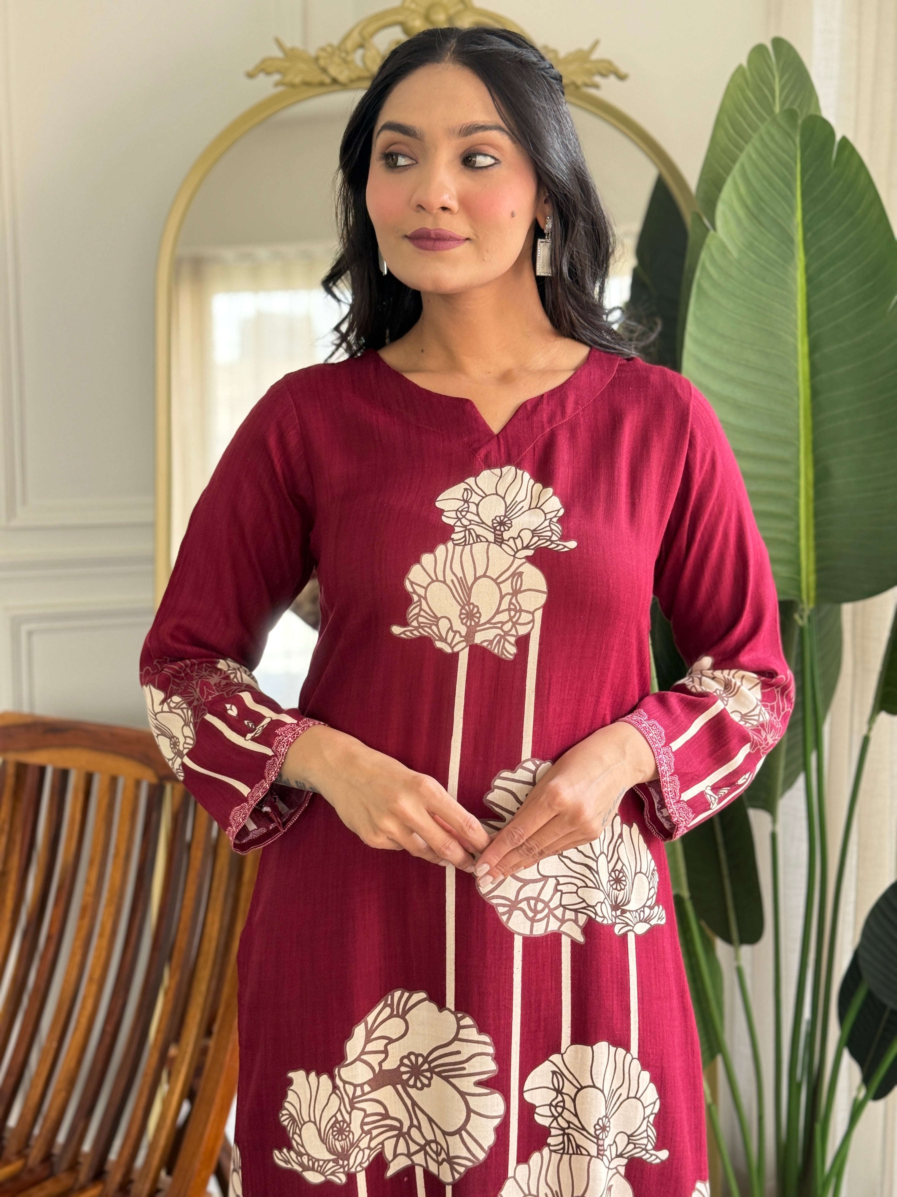 Maroon Pure Viscose Rayon Printed Kurta Pant