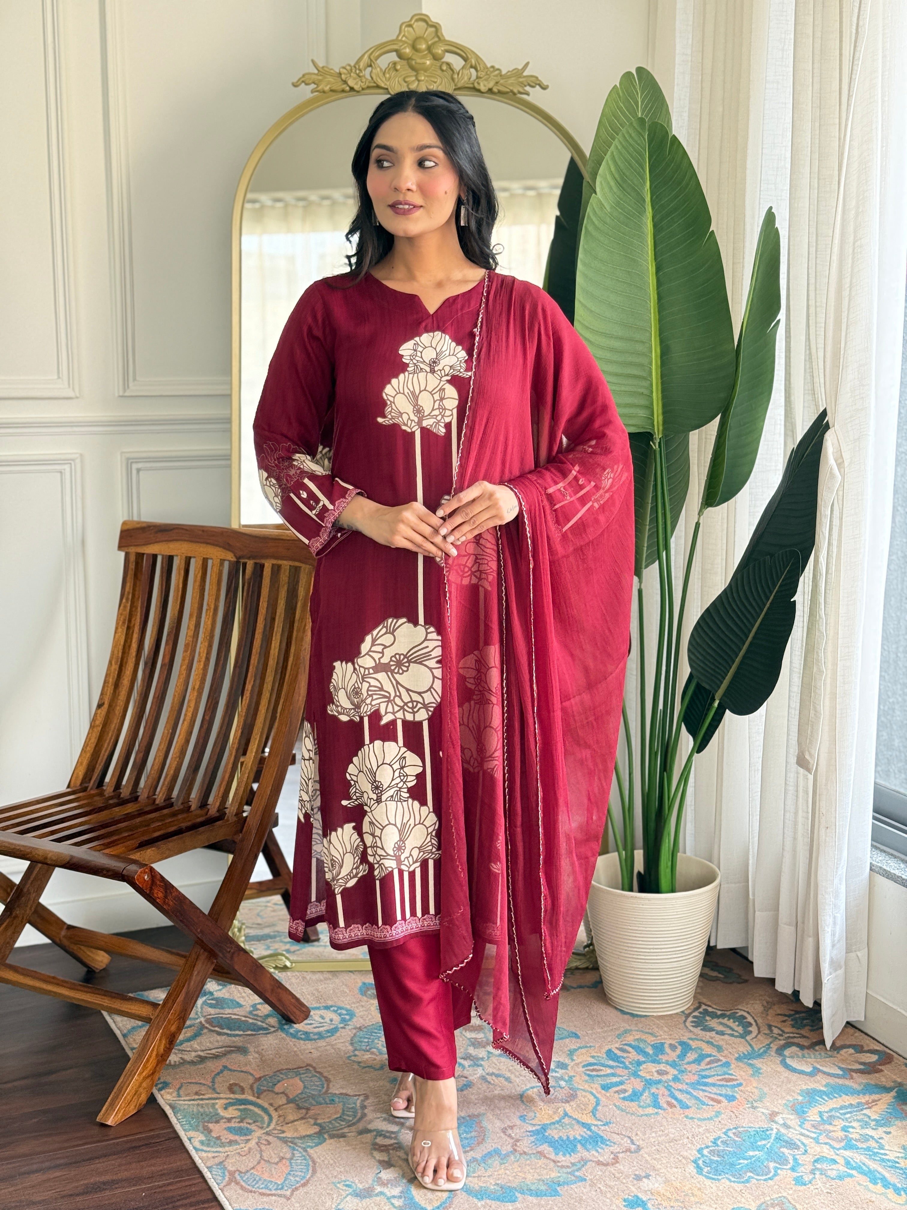 Maroon Pure Viscose Rayon Printed Kurta Pant