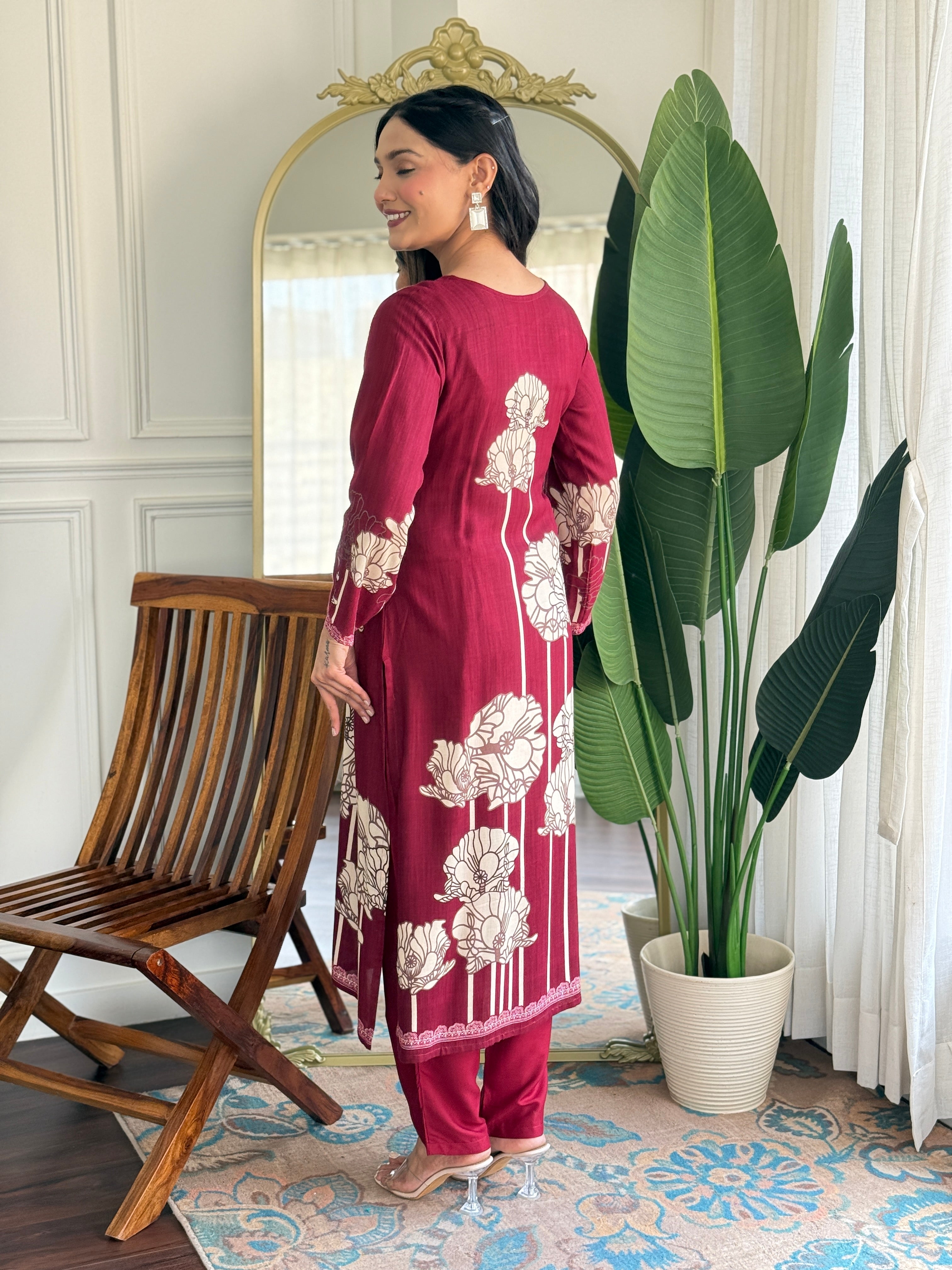 Maroon Pure Viscose Rayon Printed Kurta Pant