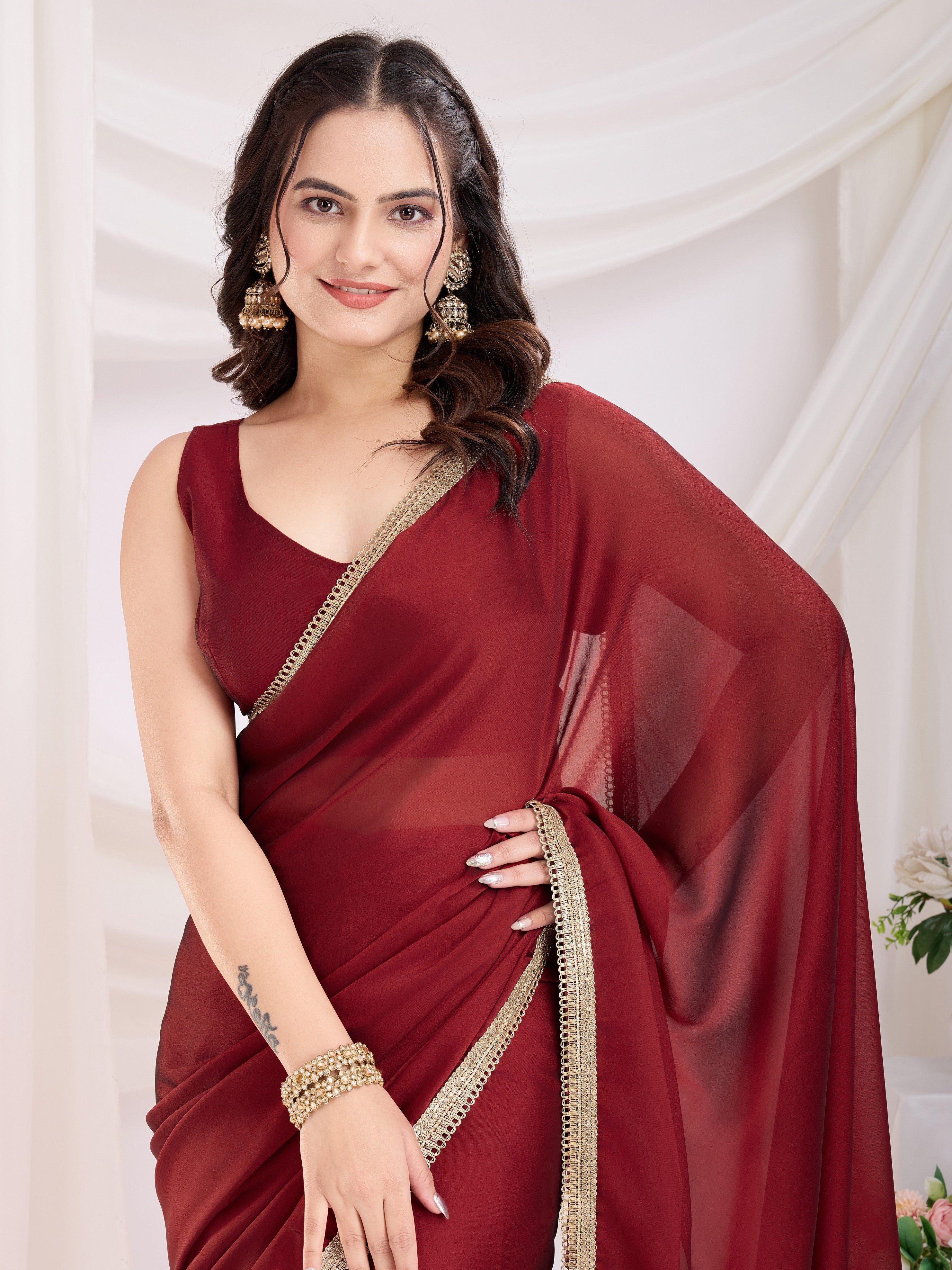 Maroon Rangoli Silk Pre Stitched Solid Printed Saree With Lace Border