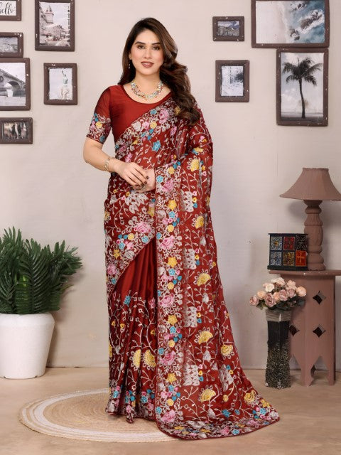 Maroon Rangoli Silk Saree with Embroidery  with piping border  Work