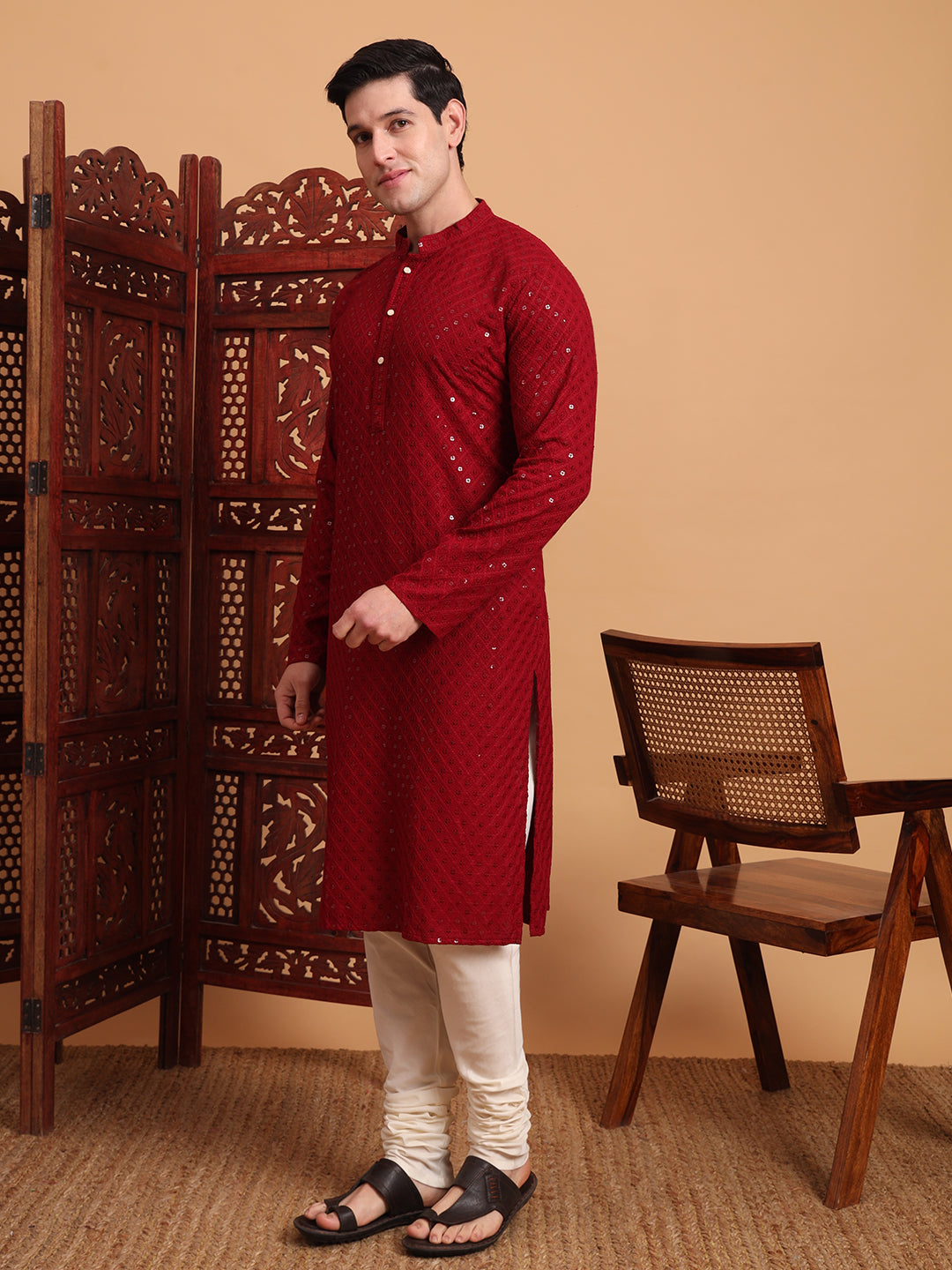 Maroon Rayon Chikankari Embroidered Traditional Kurta Pajama