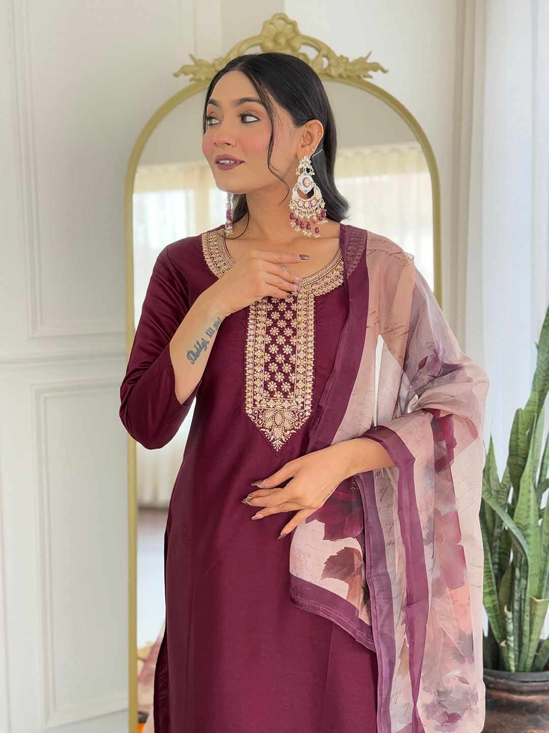 Maroon Rayon Elegant Kurta Pant Set With Embroidery Work