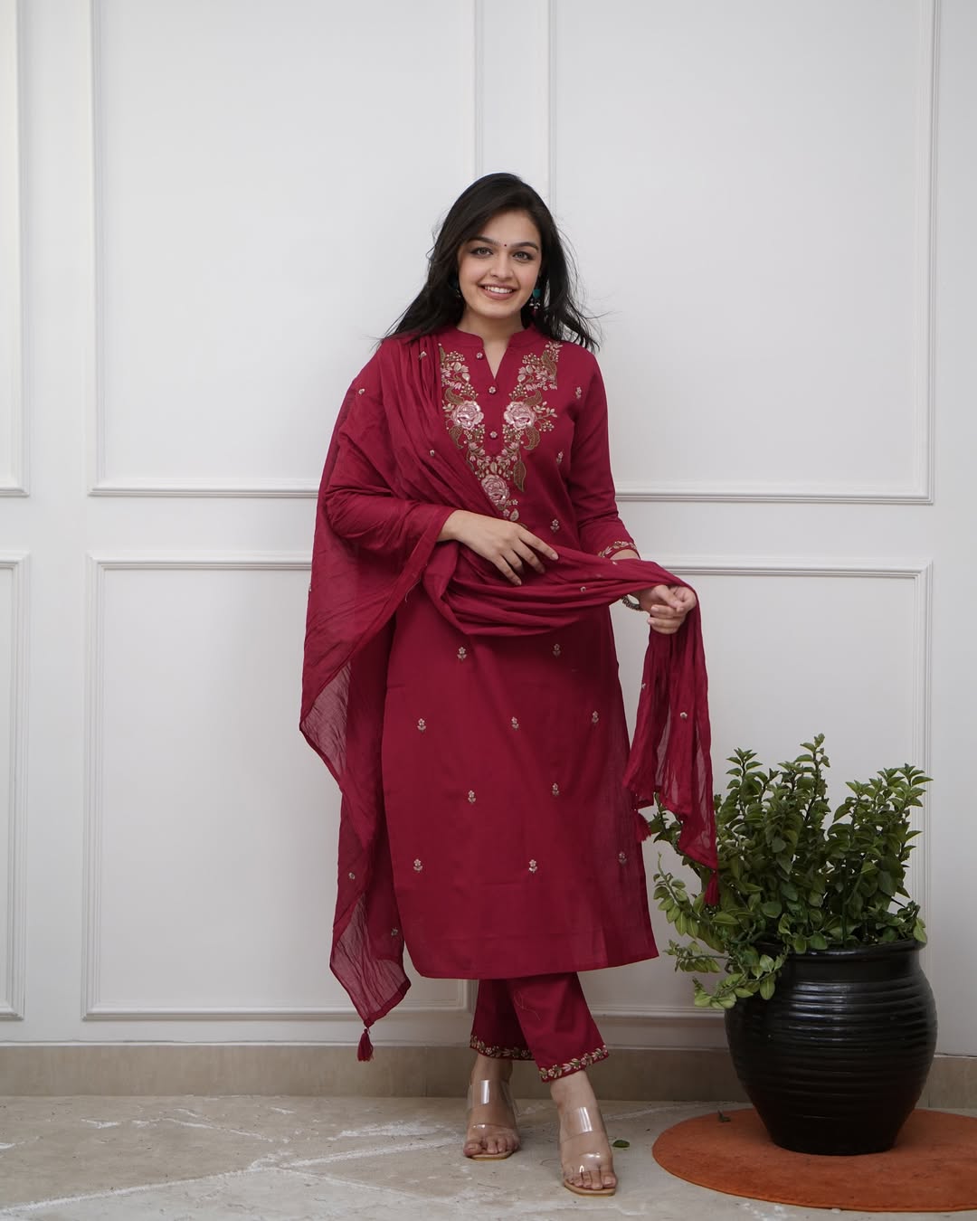 Maroon Rayon Kurta Pant with Heavy Thread Embroidery Work