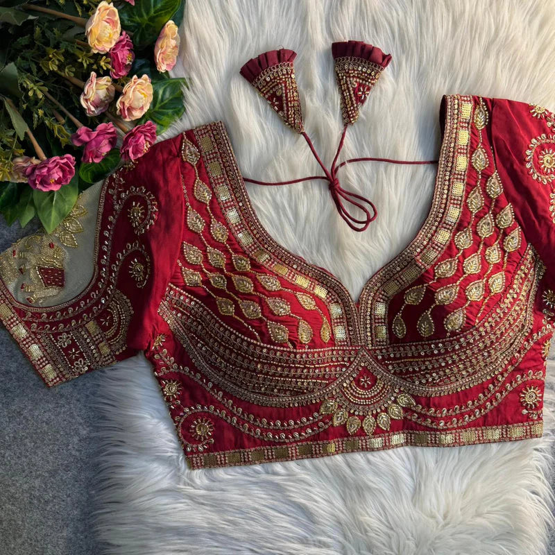 Maroon Royale Elephant Patch Work Bridal Blouse  Roman Silk Heavy Beads & Sequins Designer Wear