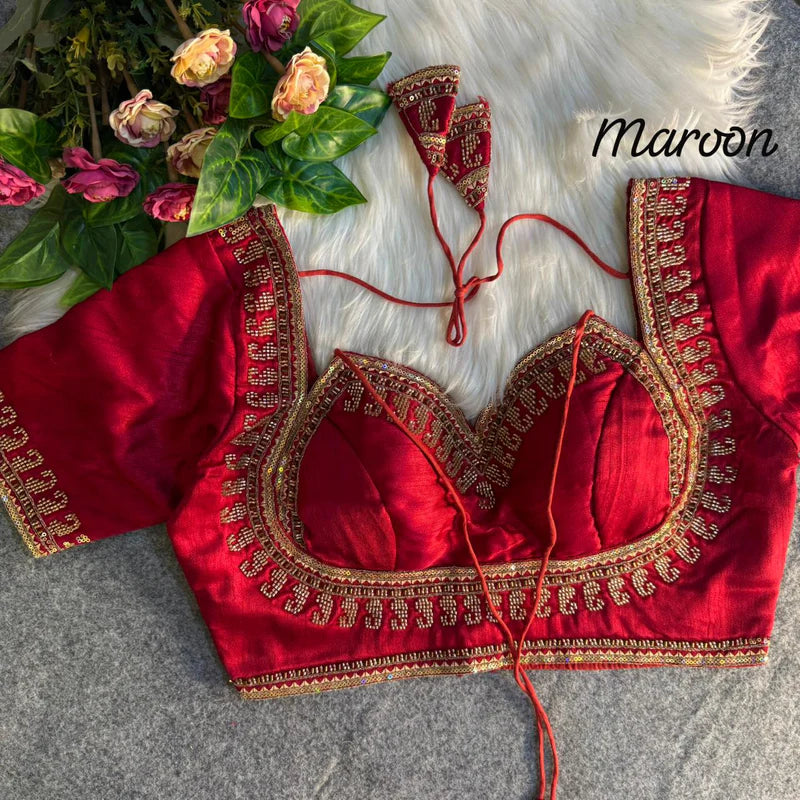 Maroon Royale Royal Beads Work Bridal Blouse  Italian Silk Designer Couture Wear