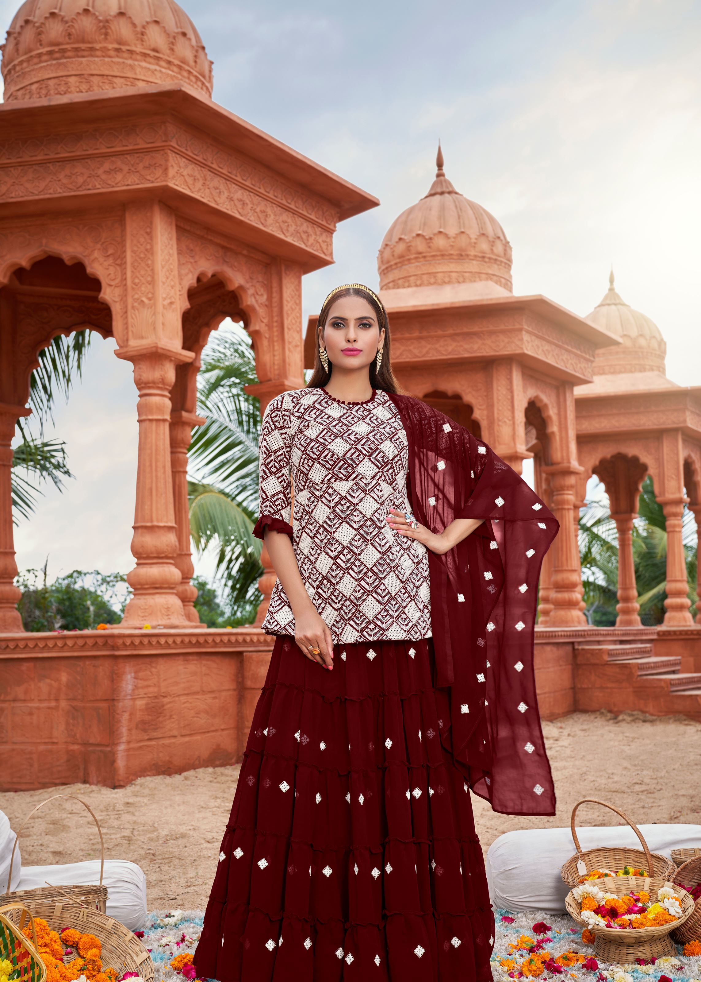 Maroon Sarara Suite With Heavy Fox Georgette And Cotton Embroidery Work