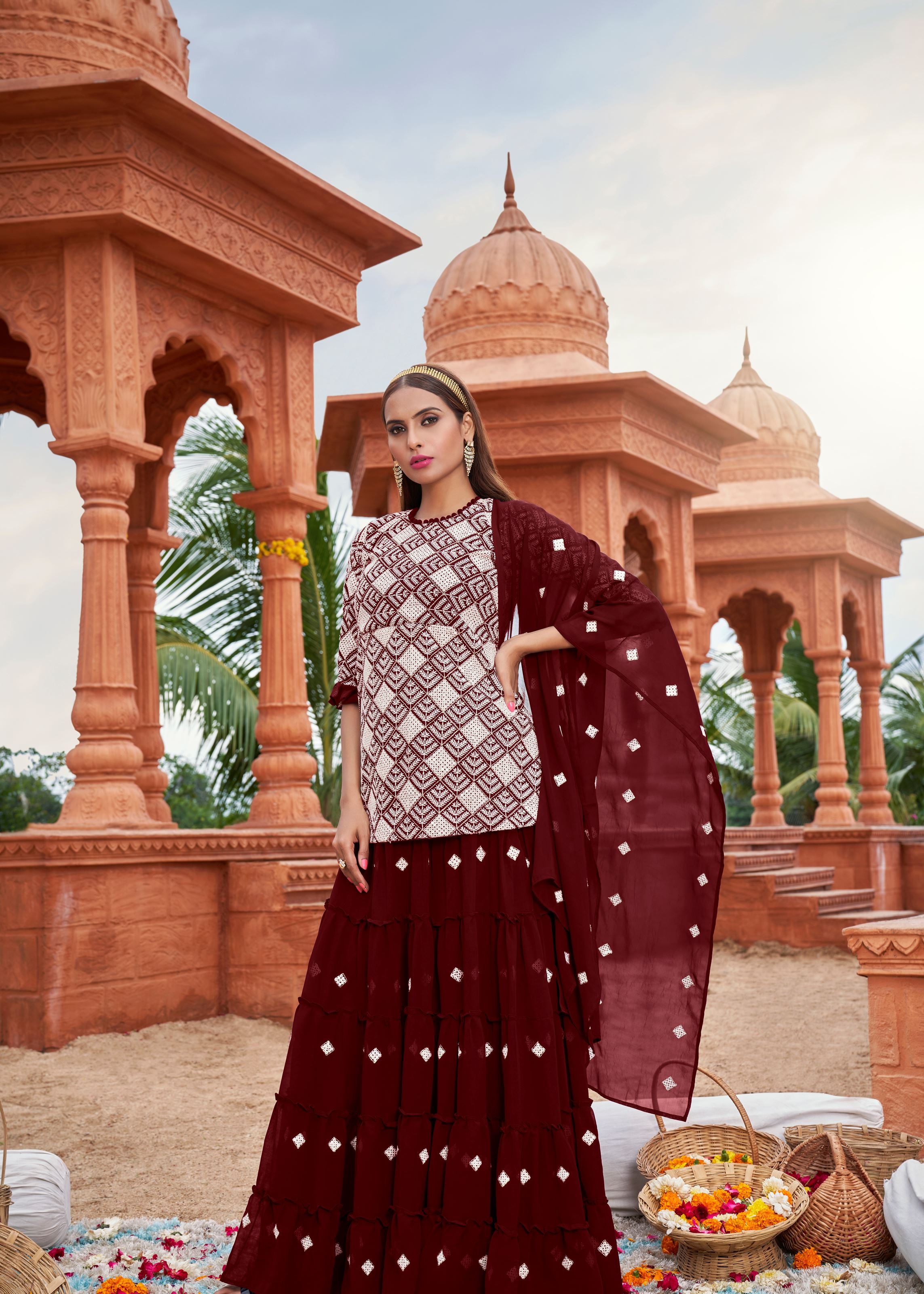 Maroon Sarara Suite With Heavy Fox Georgette And Cotton Embroidery Work