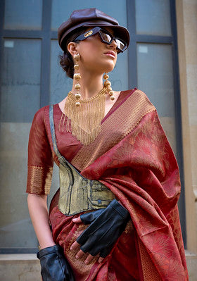 Maroon  Saree With  Handloom Jacquard Woven Work
