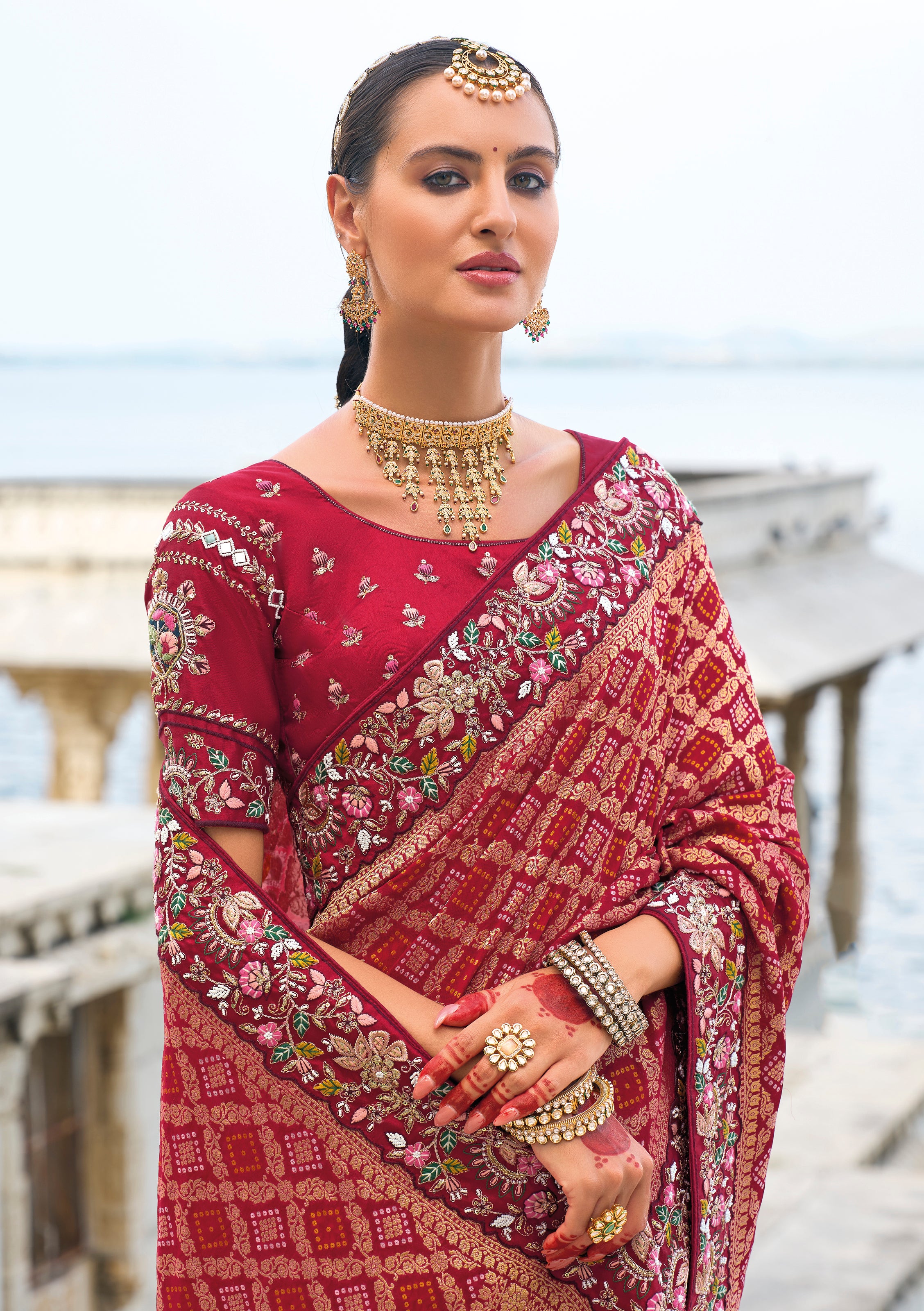 Maroon Saree With Heavy Embroidered Work