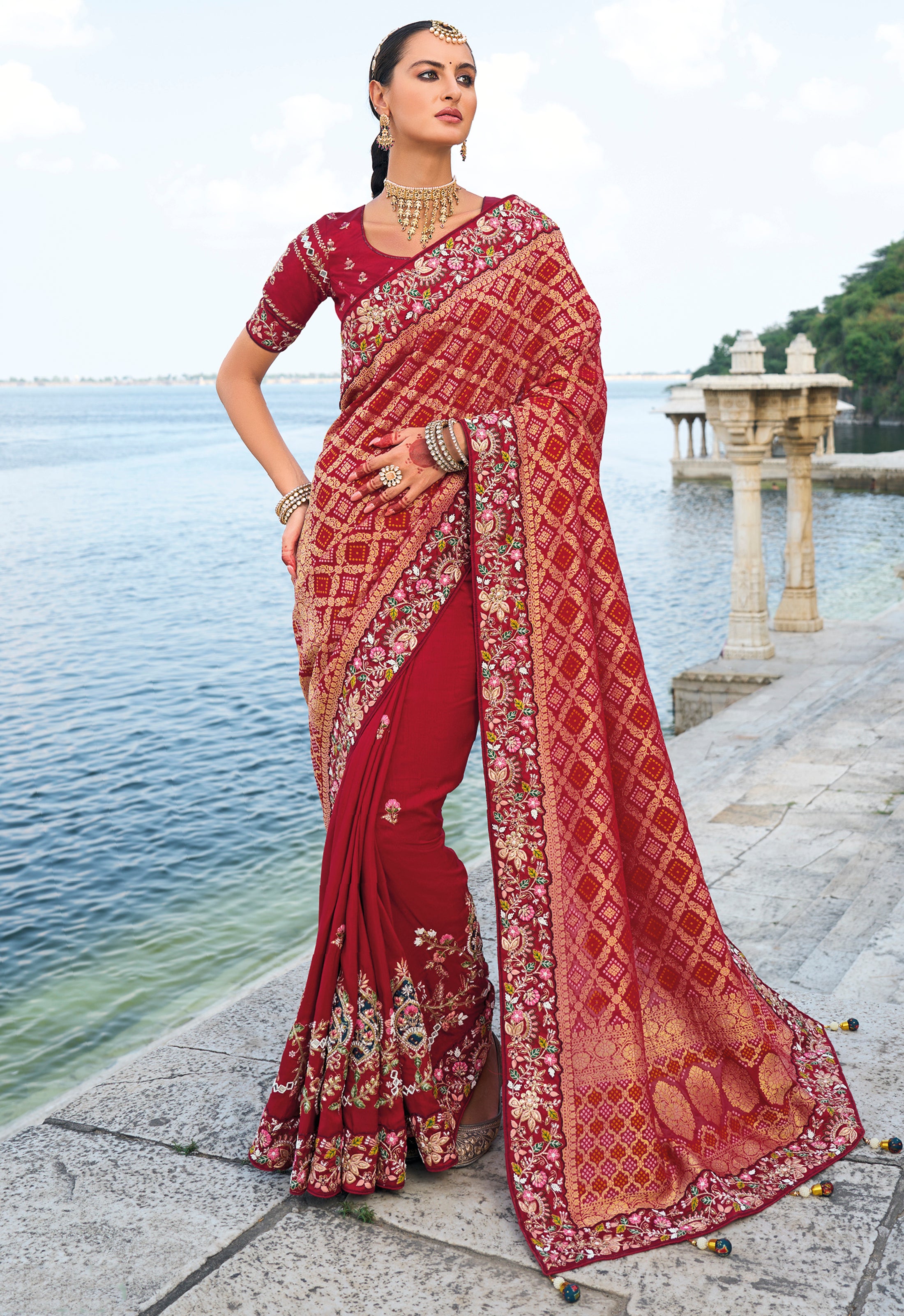 Maroon Saree With Heavy Embroidered Work