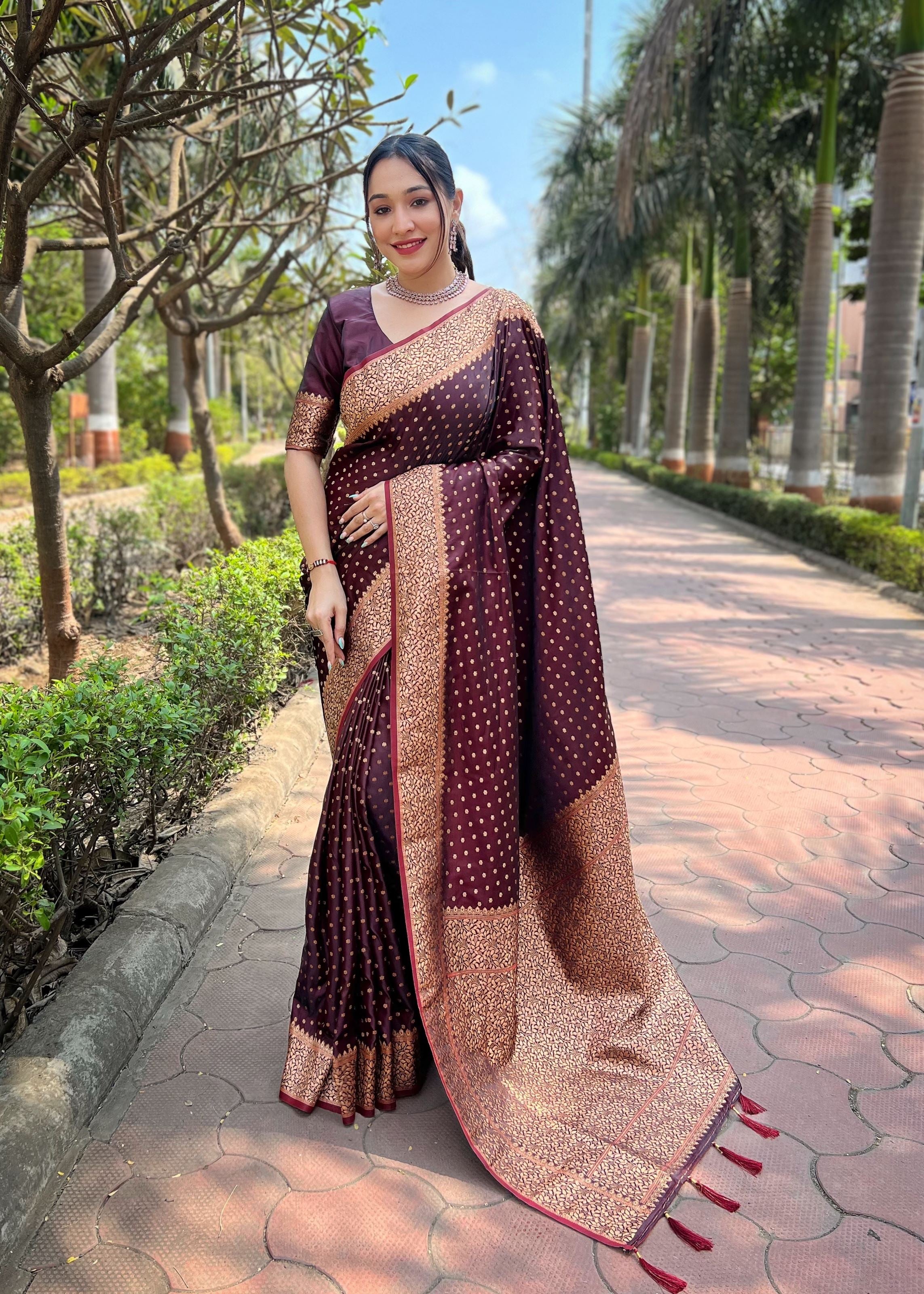 Maroon Satin Saree With Woven Work