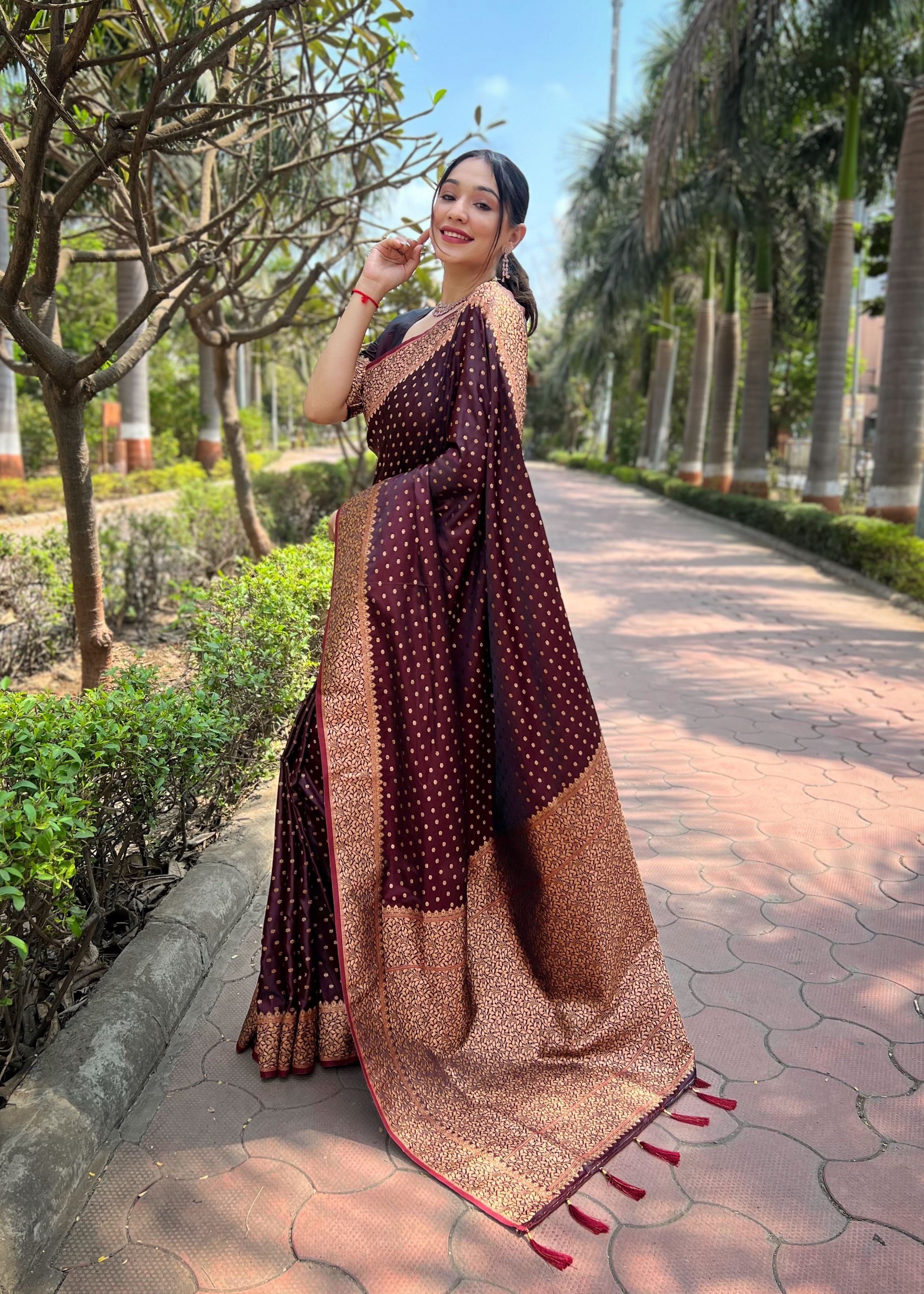 Maroon Satin Saree With Woven Work