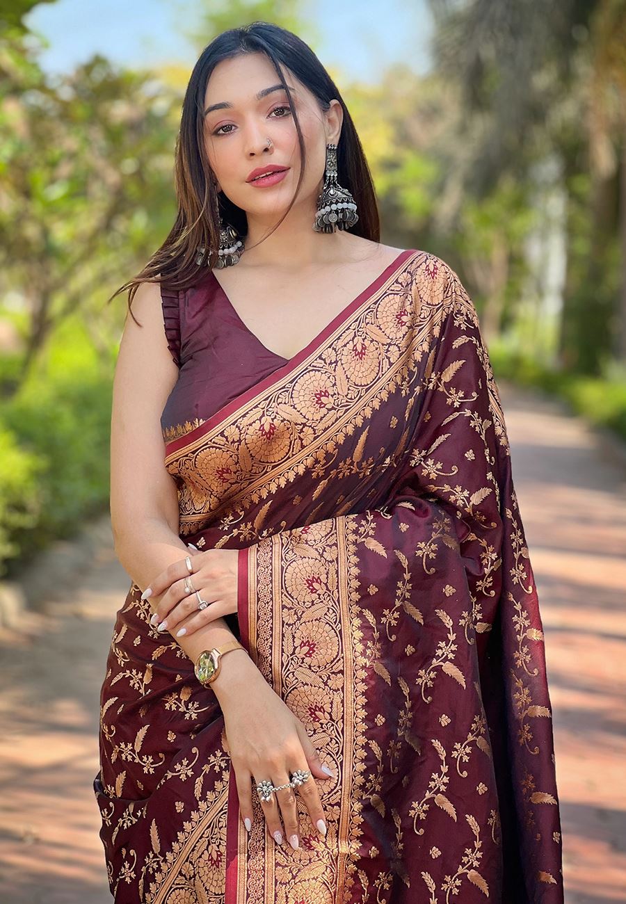 Maroon Satin Saree With Woven Work