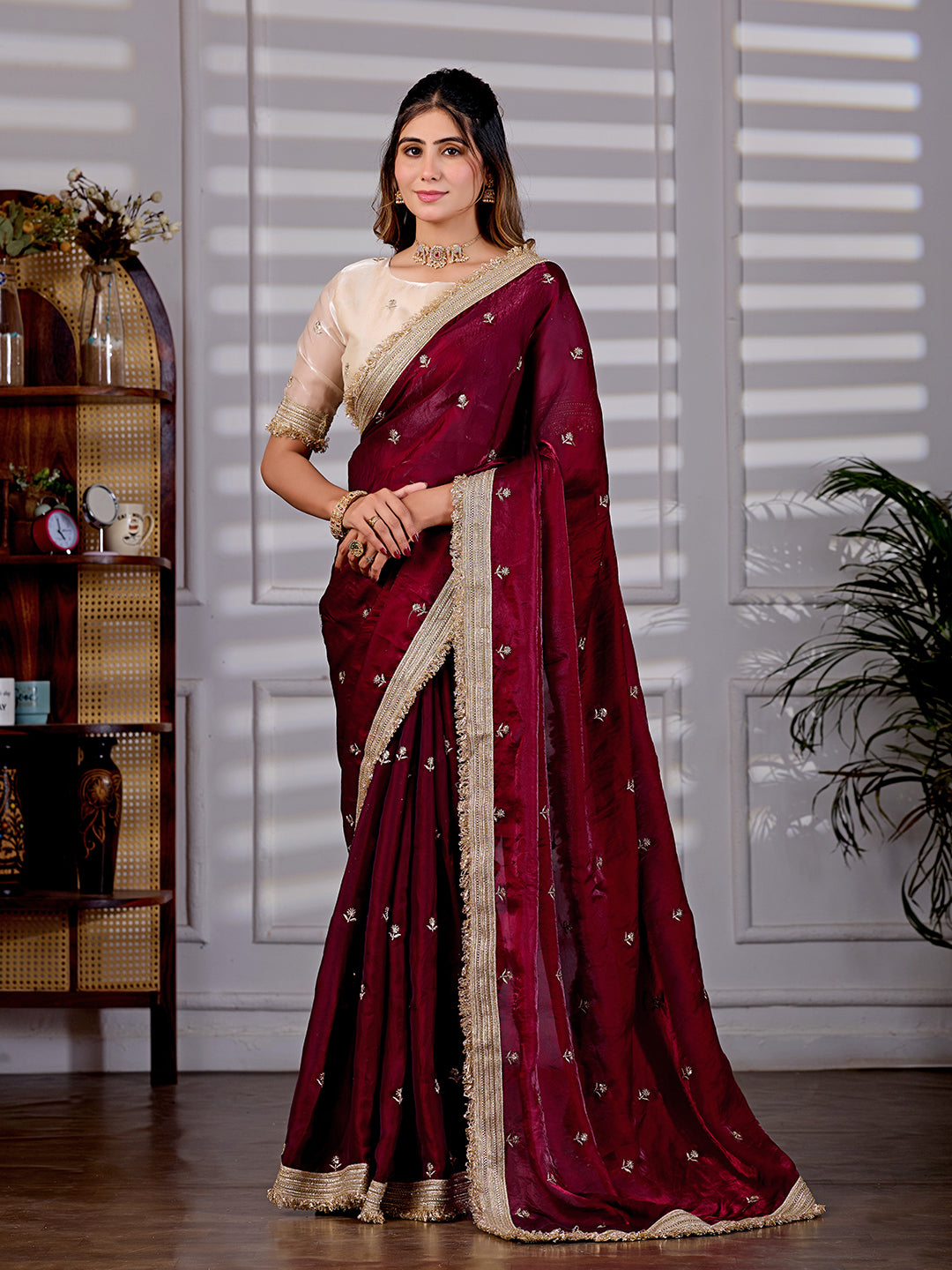 Maroon Satin Silk Bridal Wear Saree With Rich Embroidery