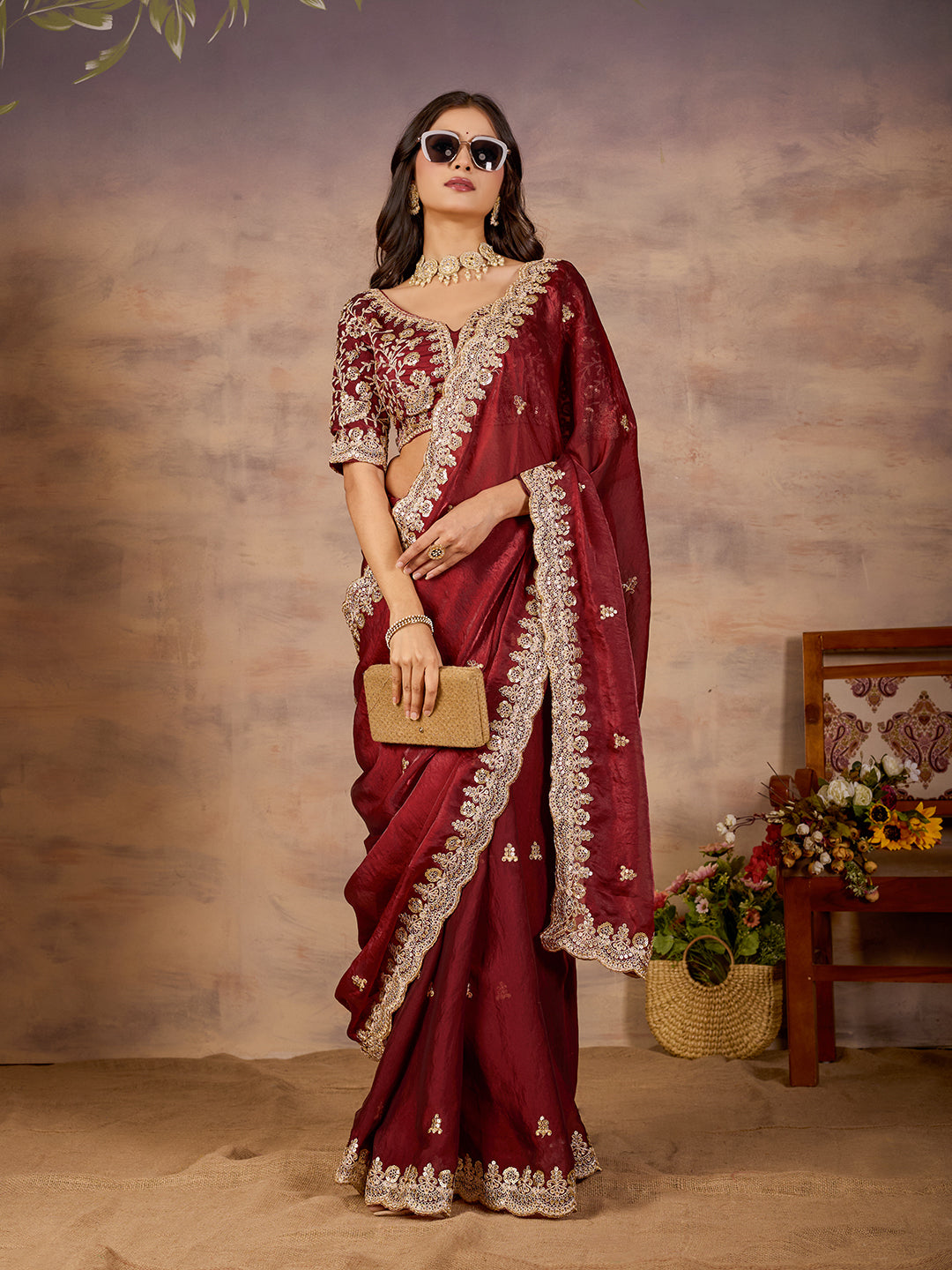 Maroon Satin Silk Royal Designer Saree With Embroidery
