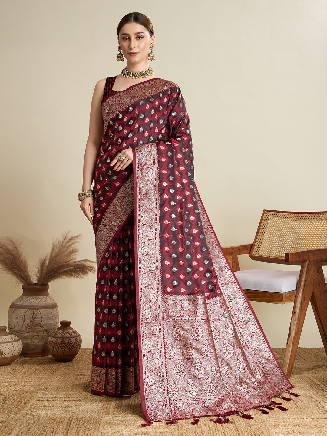 Maroon Satin Silk Woven Jari Designer Graceful Ethnic Saree