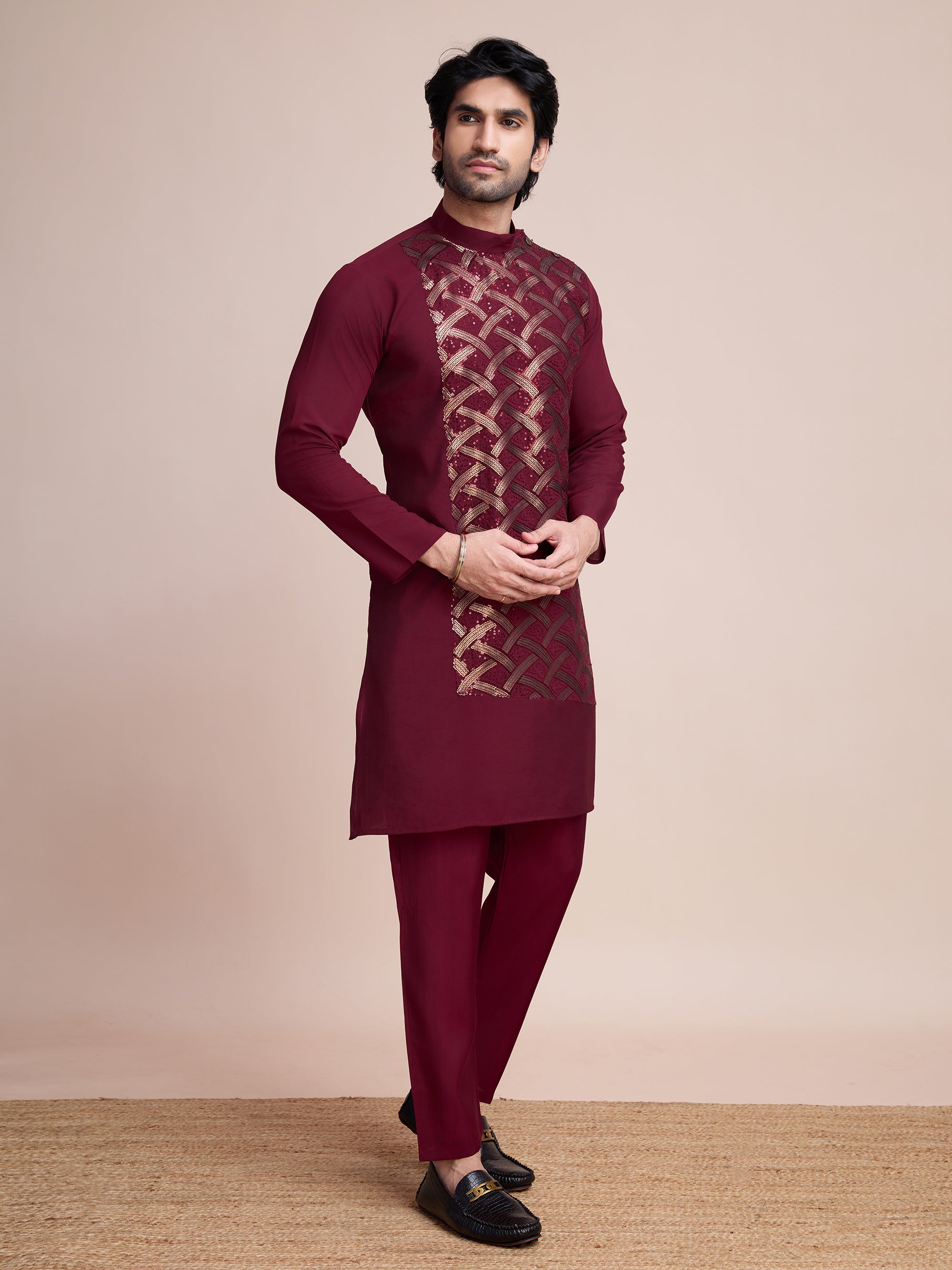 Maroon Sequins Embroidered Ethnic Kurta – Classic Festive Attire
