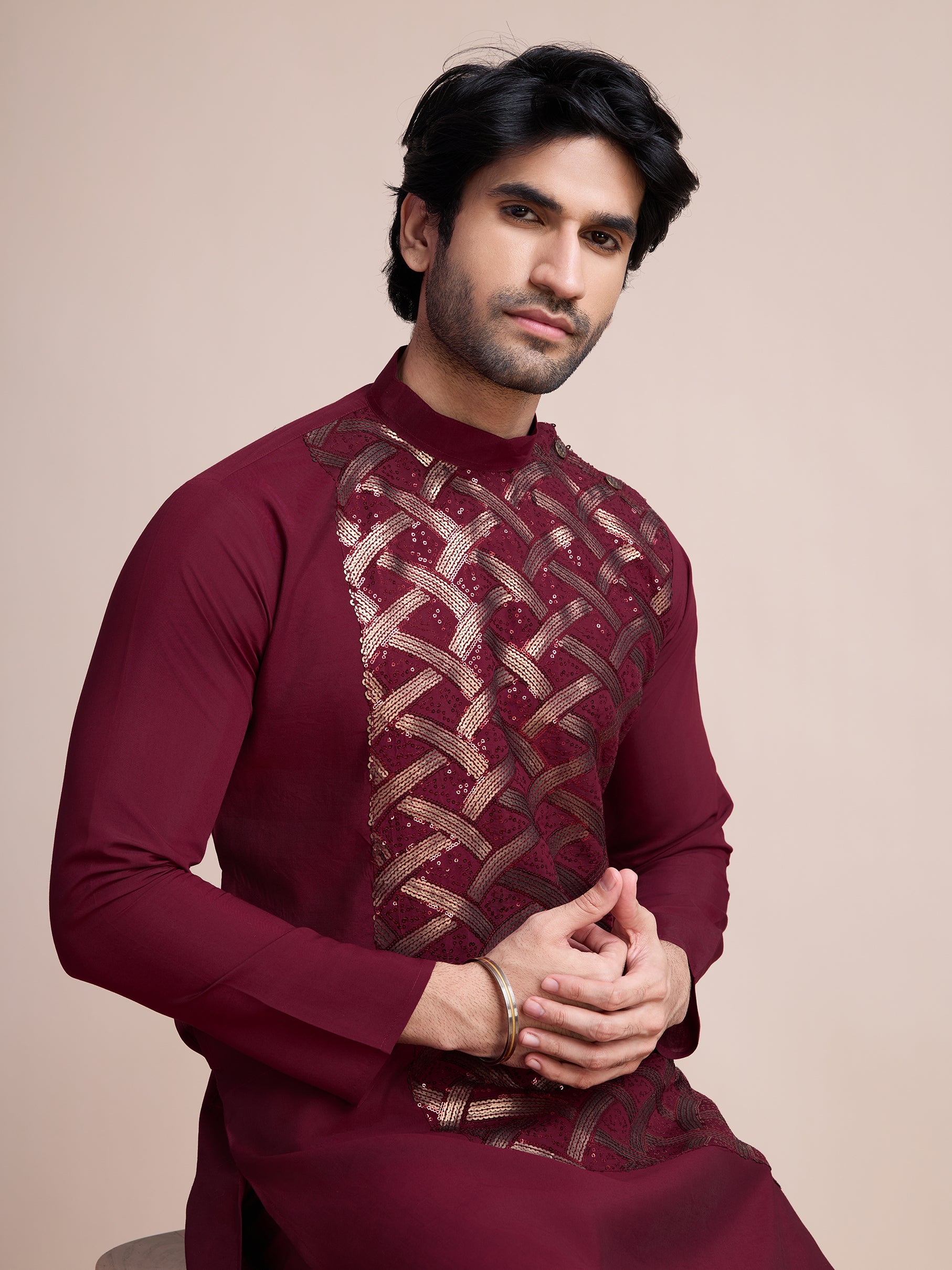 Maroon Sequins Embroidered Ethnic Kurta – Classic Festive Attire